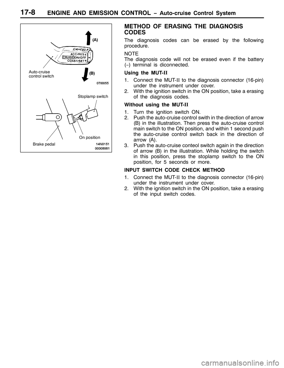 MITSUBISHI PAJERO SPORT 1998  Workshop Manual (1*,1( $1 (0,66,21 &21752/ ï$XWR0FUXLVH &RQWURO 6\VWHP4:0;
0(7+2 2) (5$6,1* 7+( ,$*126,6
&2(6
7KH GLDJQRVLV FRGHV FDQ EH HUDVHG E\ WKH IROORZLQJ
SURFHGXUH1
127(
7KH GLDJQRVLV FRGHZLOO QRW EH HUDV