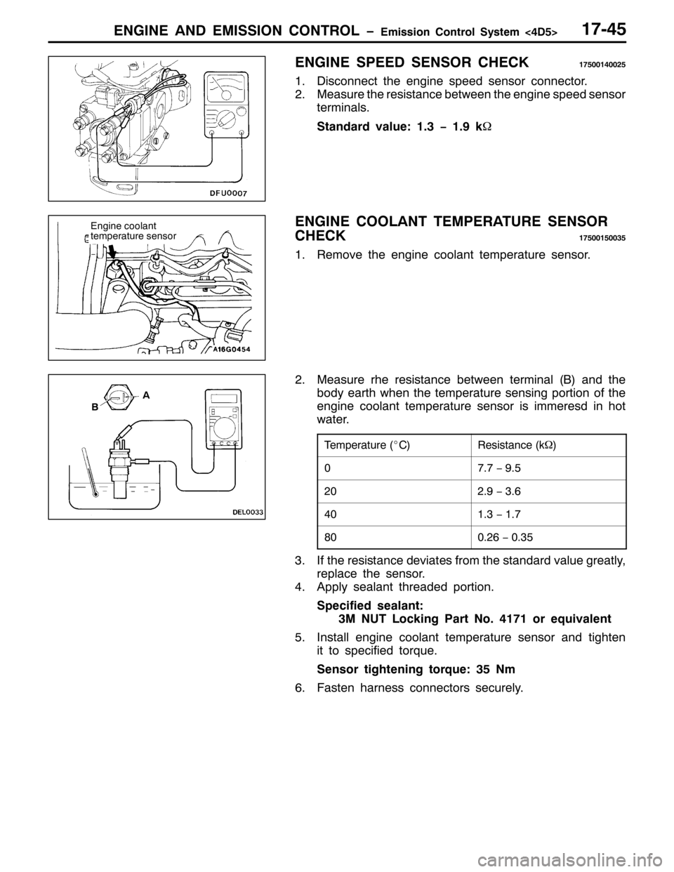 MITSUBISHI PAJERO SPORT 1998  Workshop Manual (1*,1( $1 (0,66,21 &21752/ ï(PLVVLRQ &RQWURO 6\VWHP?78!4:078
(1*,1( 63(( 6(1625 &+(&.4:833473358
41LVFRQQHFW WKH HQJLQH VSHHG VHQVRU FRQQHFWRU1
510HDVXUH WKH UHVLVWDQFH EHWZHHQ WKH HQJLQH VSHHG V