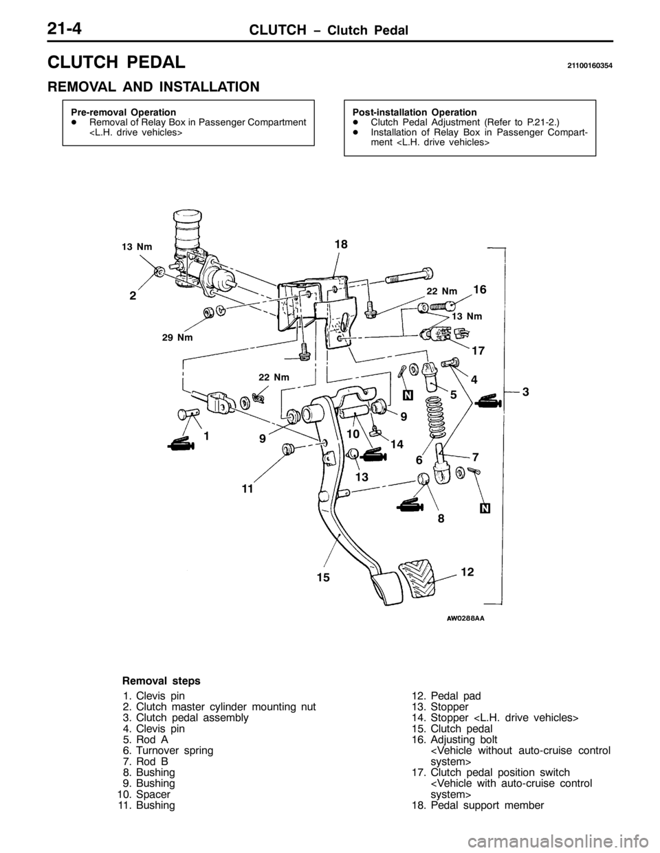 MITSUBISHI PAJERO SPORT 1998  Workshop Manual &/87&+ ï&OXWFK 3HGDO5407
&/87&+ 3($/54433493687
5(029$/ $1 ,167$//$7,21
3UH0UHPRYDO 2SHUDWLRQ
-5HPRYDO RI 5HOD\ %R[ LQ 3DVVHQJHU &RPSDUWPHQW
?/1+1GULYH YHKLFOHV!3RVW0LQVWDOODWLRQ 2SHUDWLRQ
-&OXWFK 