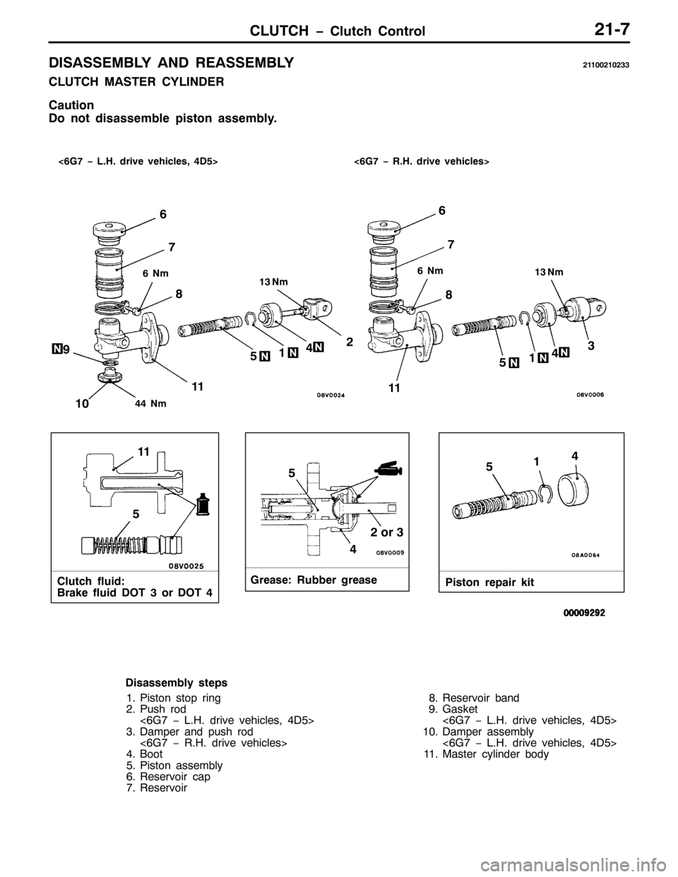 MITSUBISHI PAJERO SPORT 1998  Workshop Manual &/87&+ ï&OXWFK &RQWURO540:
,6$66(0%/< $1 5($66(0%/<54433543566
&/87&+ 0$67(5 &</,1(5
&DXWLRQ
R QRW GLVDVVHPEOH SLVWRQ DVVHPEO\1
&OXWFK IOXLG=
%UDNH IOXLG 276RU 277*UHDVH=5XEEHU JUHDVH
3LVWRQ UH