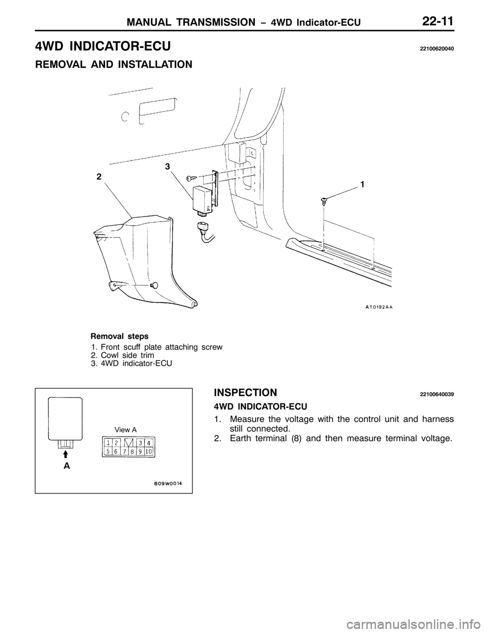 MITSUBISHI PAJERO SPORT 1998  Workshop Manual 0$18$/ 75$160,66,21 ï7: ,QGLFDWRU0(&855044
7: ,1,&$7250(&855433953373
5(029$/ $1 ,167$//$7,21
4 56
5HPRYDO VWHSV
41)URQW VFXII SODWH DWWDFKLQJ VFUHZ
51&RZO VLGH WULP
61 7: LQGLFDWRU0(&8
,163(&7,