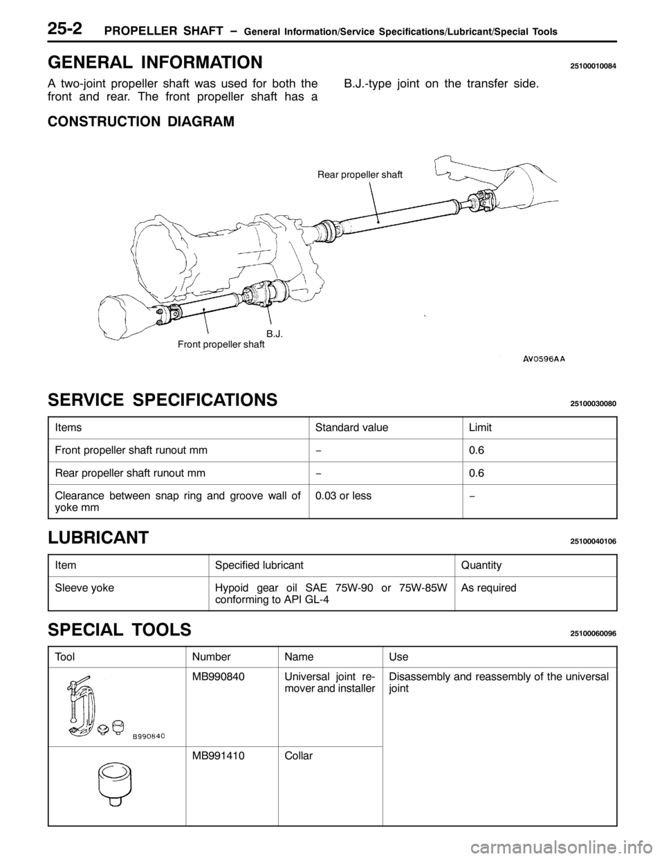 MITSUBISHI PAJERO SPORT 1998  Workshop Manual 3523(//(5 6+$)7ï*HQHUDO ,QIRUPDWLRQ26HUYLFH 6SHFLILFDWLRQV2/XEULFDQW26SHFLDO 7RROV5805
*(1(5$/ ,1)250$7,21584333433;7
$WZR0MRLQW SURSHOOHU VKDIW ZDV XVHG IRU ERWK WKH
IURQW DQG UHDU17KH IURQW SURSHOO