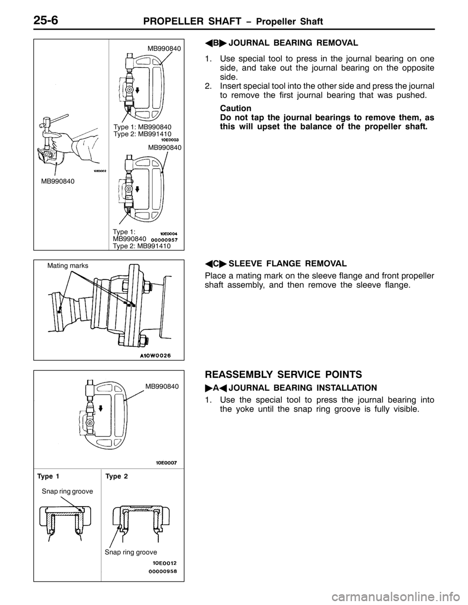 MITSUBISHI PAJERO SPORT 1998  Workshop Manual 3523(//(5 6+$)7 ï3URSHOOHU 6KDIW5809
*
%ò
-2851$/ %($5,1* 5(029$/
418VH VSHFLDO WRRO WR SUHVV LQ WKH MRXUQDO EHDULQJ RQ RQH
VLGH/DQG WDNH RXW WKH MRXUQDO EHDULQJ RQ WKH RSSRVLWH
VLGH1
51,QVHUW VSHFL