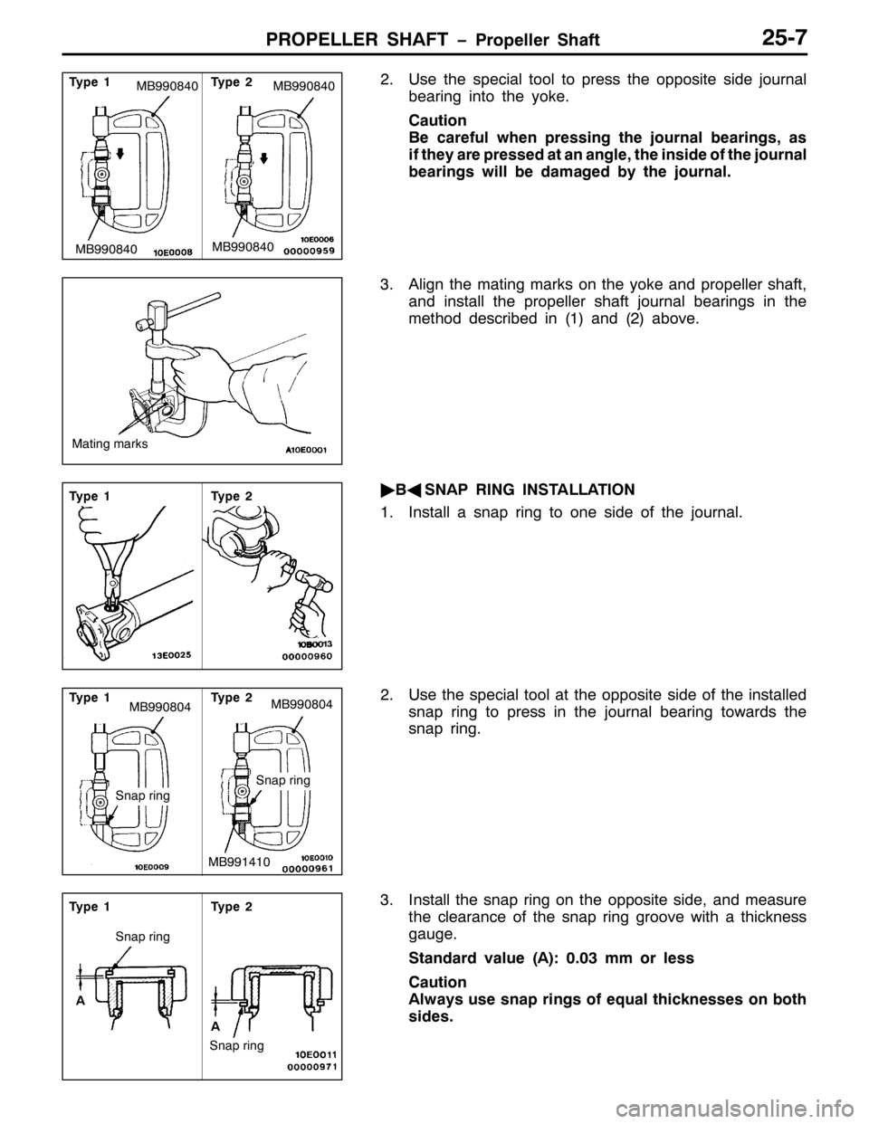 MITSUBISHI PAJERO SPORT 1998  Workshop Manual 3523(//(5 6+$)7 ï3URSHOOHU 6KDIW580:
518VH WKH VSHFLDO WRRO WR SUHVV WKH RSSRVLWH VLGH MRXUQDO
EHDULQJ LQWR WKH \RNH1
&DXWLRQ
%H FDUHIXO ZKHQ SUHVVLQJ WKH MRXUQDO EHDULQJV/DV
LI WKH\ DUH SUHVVHG DW D