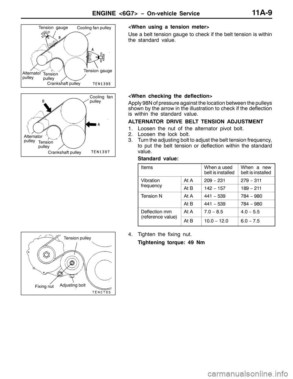 MITSUBISHI PAJERO SPORT 1998  Workshop Manual (1*,1(?9*:!ï2Q0YHKLFOH 6HUYLFH44$0<
?:KHQ XVLQJ D WHQVLRQ PHWHU!
8VH D EHOW WHQVLRQ JDXJH WR FKHFN LI WKH EHOW WHQVLRQ LV ZLWKLQ
WKH VWDQGDUG YDOXH1
?:KHQ FKHFNLQJ WKH GHIOHFWLRQ!
$SSO\<;1 RI SUHVVXU