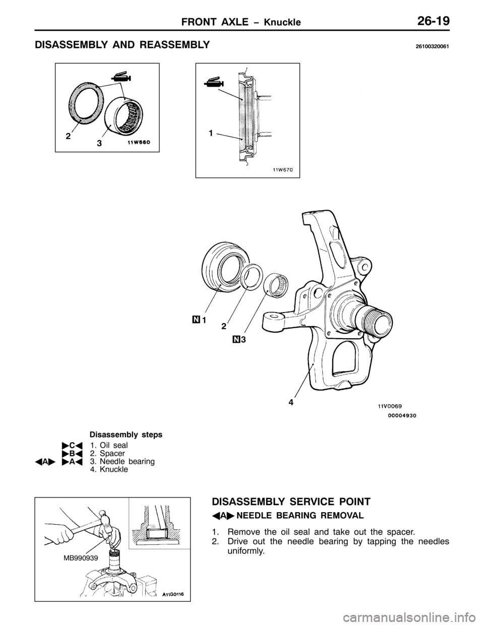 MITSUBISHI PAJERO SPORT 1998  Workshop Manual )5217 $;/( ï.QXFNOH5904<
,6$66(0%/< $1 5($66(0%/<59433653394
4
5
6
7
6 5 4
LVDVVHPEO\ VWHSV
ò
&*412LO VHDO
ò
%*516SDFHU
*
$òò
$*611HHGOH EHDULQJ
71.QXFNOH
,6$66(0%/< 6(59,&( 32,17
*
$ò
1((/