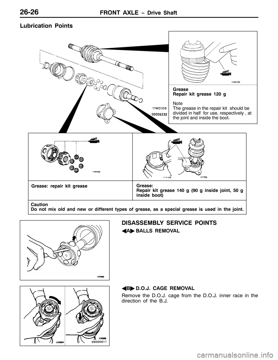 MITSUBISHI PAJERO SPORT 1998  Workshop Manual )5217 $;/( ïULYH 6KDIW59059
/XEULFDWLRQ 3RLQWV
*UHDVH=UHSDLU NLW JUHDVH
&DXWLRQ
R QRW PL[ ROG DQG QHZ RU GLIIHUHQW W\SHV RI JUHDVH/DV D VSHFLDO JUHDVH LV XVHG LQ WKHMRLQW1 *UHDVH=
5HSDLU NLW JUHDVH