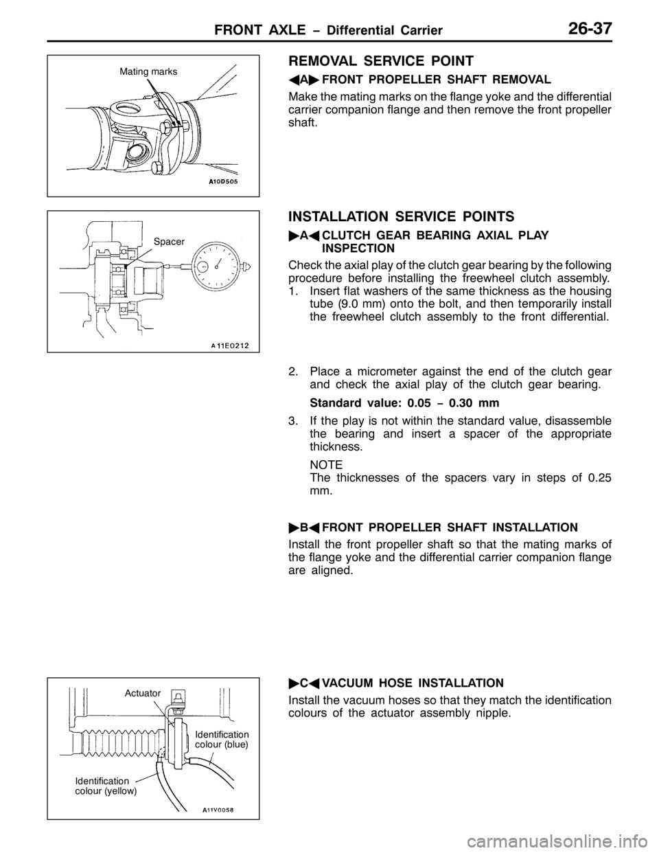 MITSUBISHI PAJERO SPORT 1998 Workshop Manual )5217 $;/( ïLIIHUHQWLDO &DUULHU5906:
5(029$/ 6(59,&( 32,17
*
$ò
)5217 3523(//(5 6+$)7 5(029$/
0DNH WKH PDWLQJ PDUNV RQ WKH IODQJH \RNH DQG WKH GLIIHUHQWLDO
FDUULHU FRPSDQLRQ IODQJH DQG WKHQ UHPRYH MITSUBISHI PAJERO SPORT 1998 Workshop Manual )5217 $;/( ïLIIHUHQWLDO &DUULHU5906:
5(029$/ 6(59,&( 32,17
*
$ò
)5217 3523(//(5 6+$)7 5(029$/
0DNH WKH PDWLQJ PDUNV RQ WKH IODQJH \RNH DQG WKH GLIIHUHQWLDO
FDUULHU FRPSDQLRQ IODQJH DQG WKHQ UHPRYH