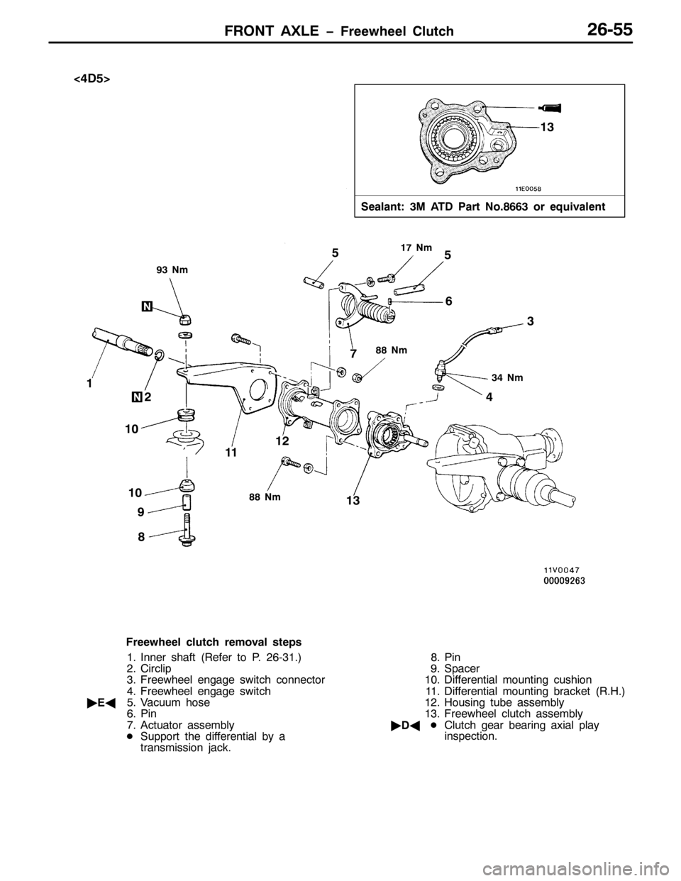 MITSUBISHI PAJERO SPORT 1998  Workshop Manual )5217 $;/( ï)UHHZKHHO &OXWFK59088
6HDODQW=60 $7 3DUW 1R1;996RU HTXLYDOHQW
<61P
4:1P
;;1P
671P
;;1P
4
56
7 9
:
; < 43
4445
46 438
46
?78!
8
)UHHZKHHO FOXWFK UHPRYDO VWHSV
41,QQHU VKDIW+5HIHU WR 31 5