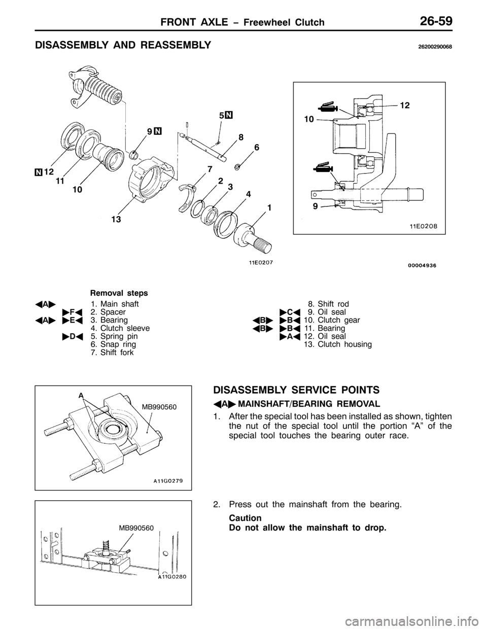 MITSUBISHI PAJERO SPORT 1998  Workshop Manual )5217 $;/( ï)UHHZKHHO &OXWFK5908<
,6$66(0%/< $1 5($66(0%/<595335<339;
4 7 5
6 8
9
:; <
43 44 45
464345
<
5HPRYDO VWHSV
*
$ò410DLQ VKDIW
ò
)*516SDFHU
*
$òò
(*61%HDULQJ
71&OXWFK VOHHYH
ò
*816SU