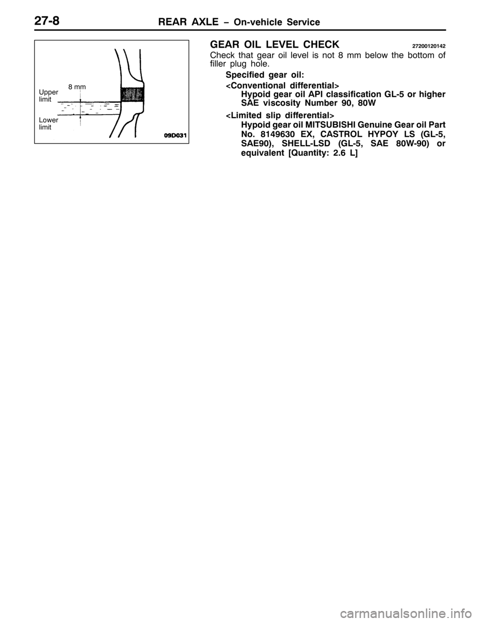 MITSUBISHI PAJERO SPORT 1998  Workshop Manual 5($5 $;/( ï2Q0YHKLFOH 6HUYLFH5:0;
*($5 2,/ /(9(/ &+(&.5:533453475
&KHFN WKDW JHDU RLO OHYHO LV QRW;PP EHORZ WKH ERWWRP RI
ILOOHU SOXJ KROH1
6SHFLILHG JHDU RLO=
?&RQYHQWLRQDO GLIIHUHQWLDO!
+\SRLG JHDU