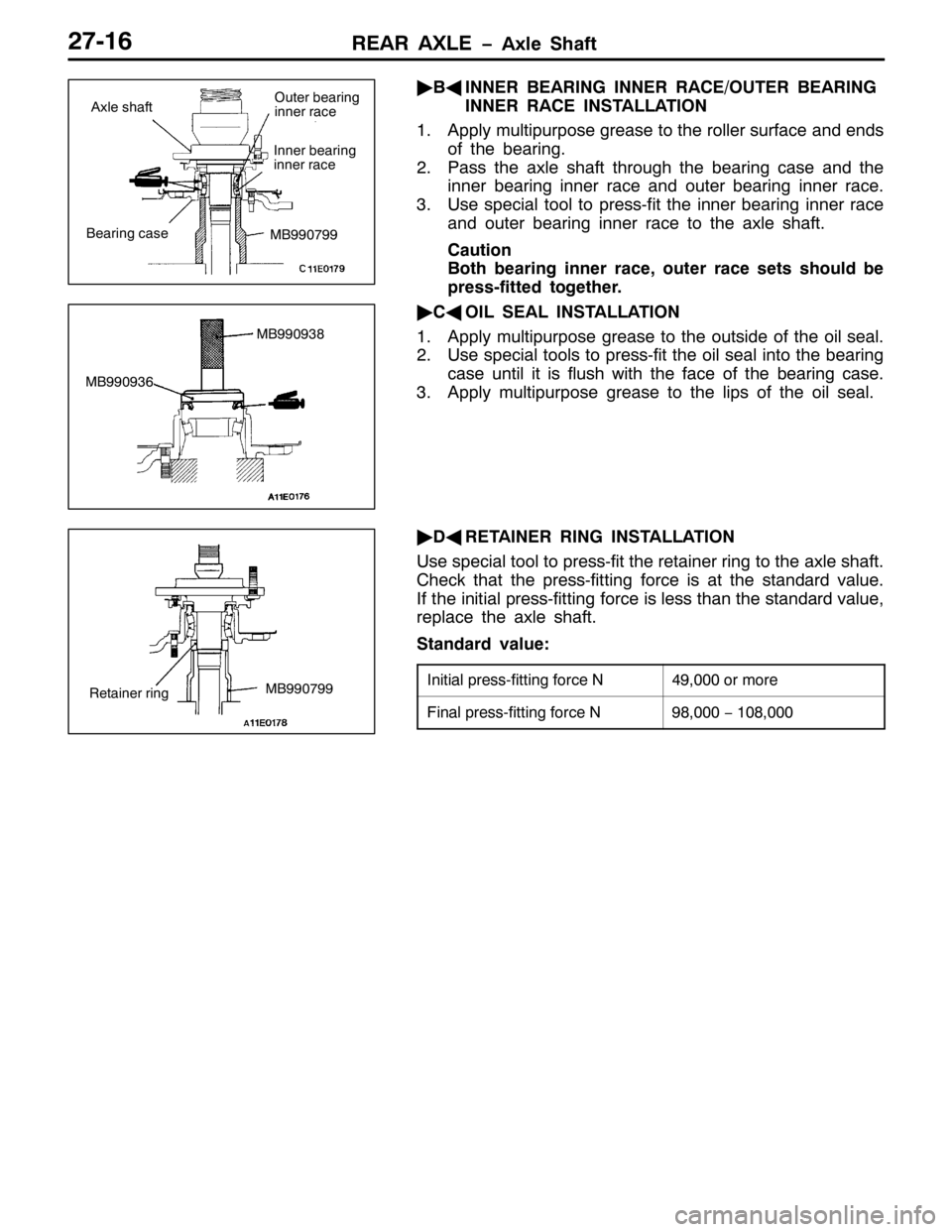 MITSUBISHI PAJERO SPORT 1998 Workshop Manual 5($5 $;/( ï$[OH 6KDIW5:049
ò
%*
,11(5 %($5,1* ,11(5 5$&(2287(5 %($5,1*
,11(5 5$&( ,167$//$7,21
41$SSO\ PXOWLSXUSRVH JUHDVH WR WKH UROOHU VXUIDFH DQG HQGV
RI WKH EHDULQJ1
513DVV WKH D[OH VKDIW WKURXJ MITSUBISHI PAJERO SPORT 1998 Workshop Manual 5($5 $;/( ï$[OH 6KDIW5:049
ò
%*
,11(5 %($5,1* ,11(5 5$&(2287(5 %($5,1*
,11(5 5$&( ,167$//$7,21
41$SSO\ PXOWLSXUSRVH JUHDVH WR WKH UROOHU VXUIDFH DQG HQGV
RI WKH EHDULQJ1
513DVV WKH D[OH VKDIW WKURXJ
