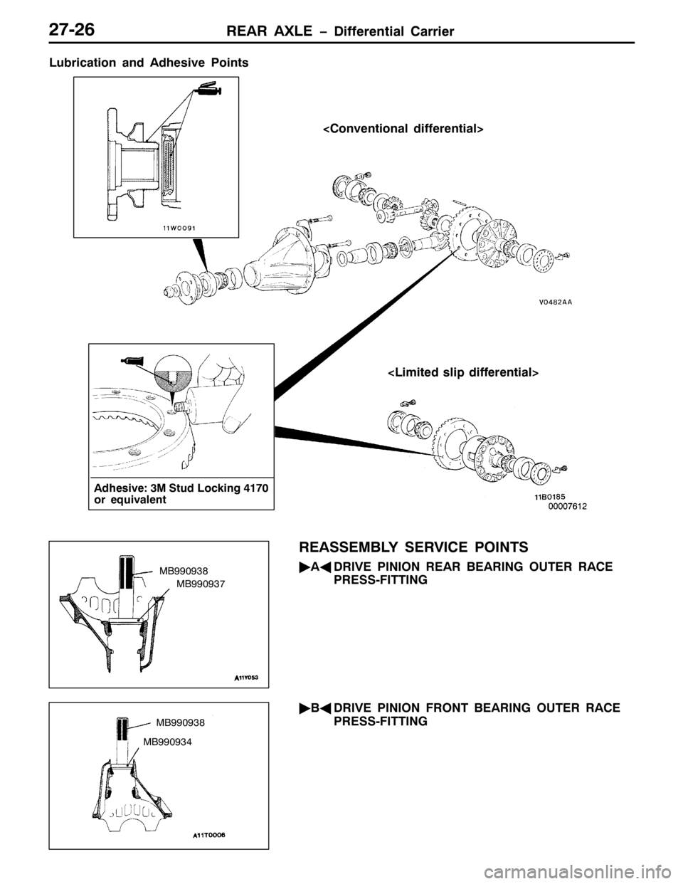 MITSUBISHI PAJERO SPORT 1998  Workshop Manual 5($5 $;/( ïLIIHUHQWLDO &DUULHU5:059
/XEULFDWLRQ DQG $GKHVLYH 3RLQWV
?&RQYHQWLRQDO GLIIHUHQWLDO!
?/LPLWHG VOLS GLIIHUHQWLDO!
$GKHVLYH=60 6WXG /RFNLQJ74:3
RU HTXLYDOHQW
5($66(0%/< 6(59,&( 32,176
ò
$*