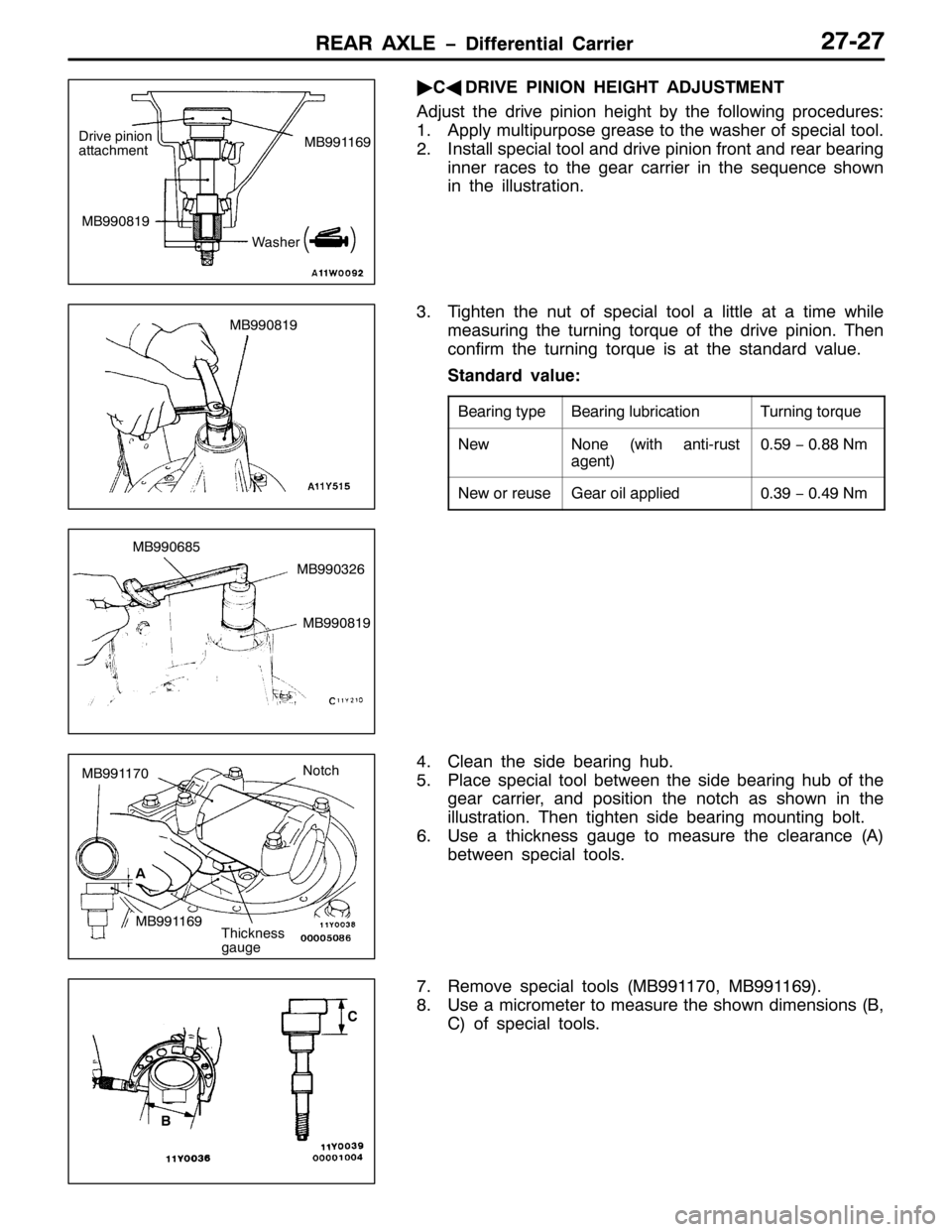 MITSUBISHI PAJERO SPORT 1998  Workshop Manual 5($5 $;/( ïLIIHUHQWLDO &DUULHU5($5 $;/( ïLIIHUHQWLDO &DUULHU5:05:
ò
&*
5,9( 3,1,21 +(,*+7 $-8670(17
$GMXVW WKH GULYH SLQLRQ KHLJKW E\ WKH IROORZLQJ SURFHGXUHV=
41$SSO\ PXOWLSXUSRVH JUHDVH WR WK