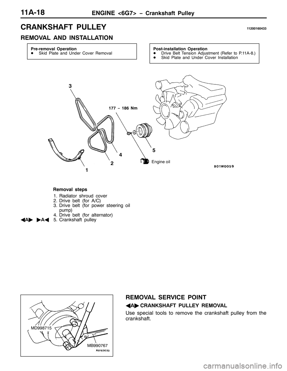 MITSUBISHI PAJERO SPORT 1998  Workshop Manual (1*,1(?9*:!ï&UDQNVKDIW 3XOOH\44$04;
&5$1.6+$)7 38//(<44533493766
5(029$/ $1 ,167$//$7,21
3UH0UHPRYDO 2SHUDWLRQ
-6NLG 3ODWH DQG 8QGHU &RYHU 5HPRYDO3RVW0LQVWDOODWLRQ 2SHUDWLRQ
-ULYH %HOW 7HQVLRQ $GMX