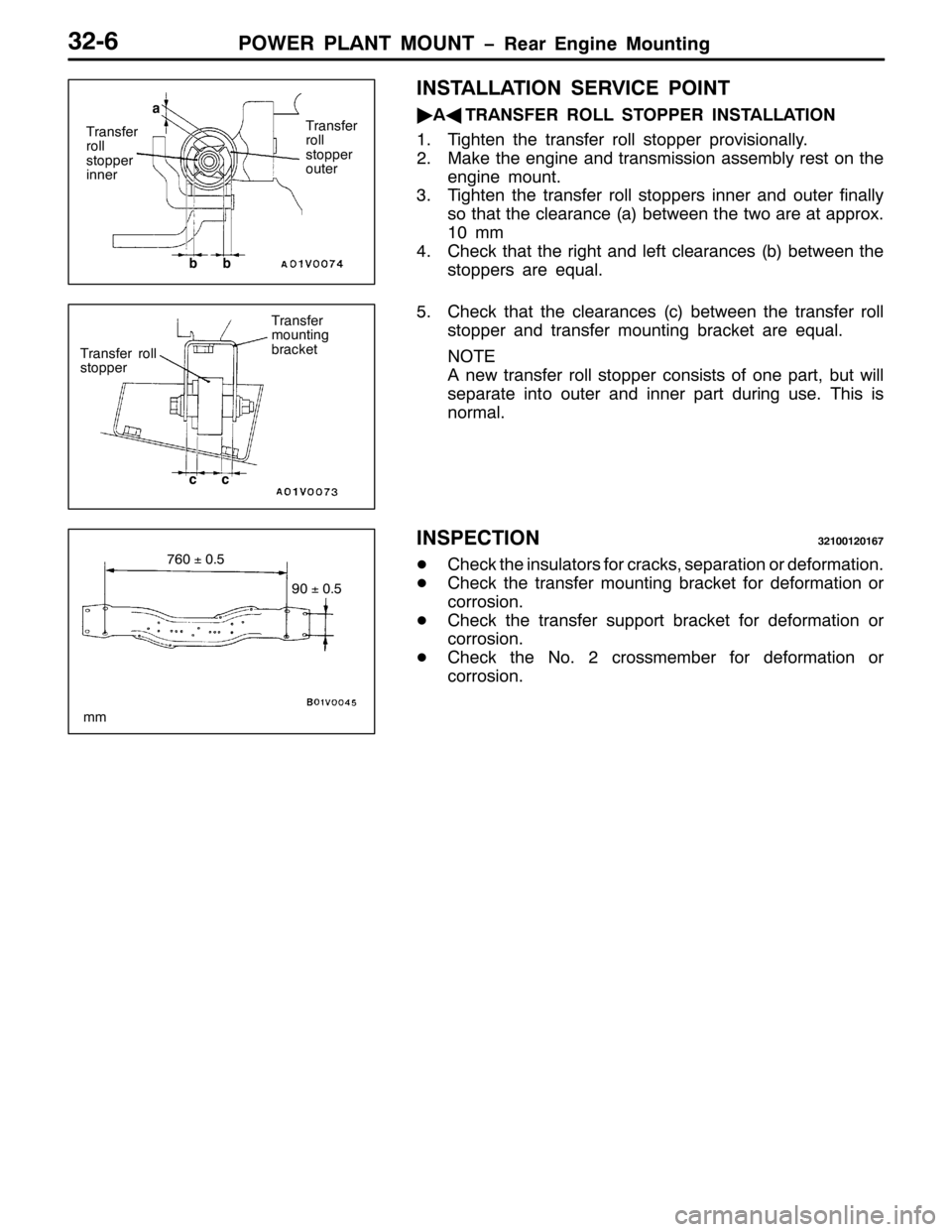 MITSUBISHI PAJERO SPORT 1998  Workshop Manual 32:(5 3/$17 02817 ï5HDU (QJLQH 0RXQWLQJ6509
,167$//$7,21 6(59,&( 32,17
ò
$*
75$16)(5 52// 67233(5 ,167$//$7,21
417LJKWHQ WKH WUDQVIHU UROO VWRSSHU SURYLVLRQDOO\1
510DNH WKH HQJLQH DQG WUDQVPLVVLRQ D
