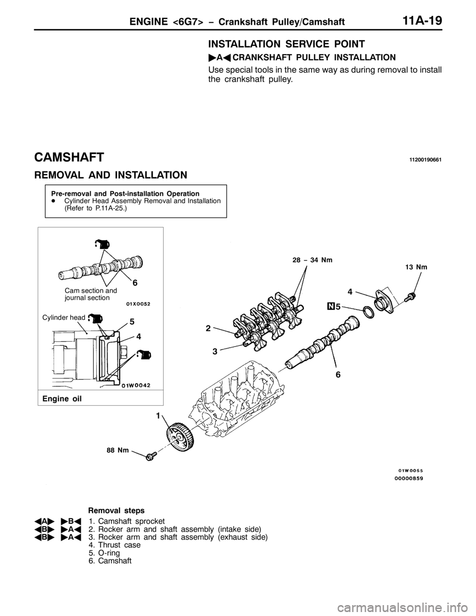 MITSUBISHI PAJERO SPORT 1998  Workshop Manual (1*,1(?9*:!ï&UDQNVKDIW 3XOOH\2&DPVKDIW44$04<
,167$//$7,21 6(59,&( 32,17
ò
$*
&5$1.6+$)7 38//(< ,167$//$7,21
8VH VSHFLDO WRROV LQ WKH VDPH ZD\ DV GXULQJ UHPRYDO WR LQVWDOO
WKH FUDQNVKDIW SXOOH\1
&$06