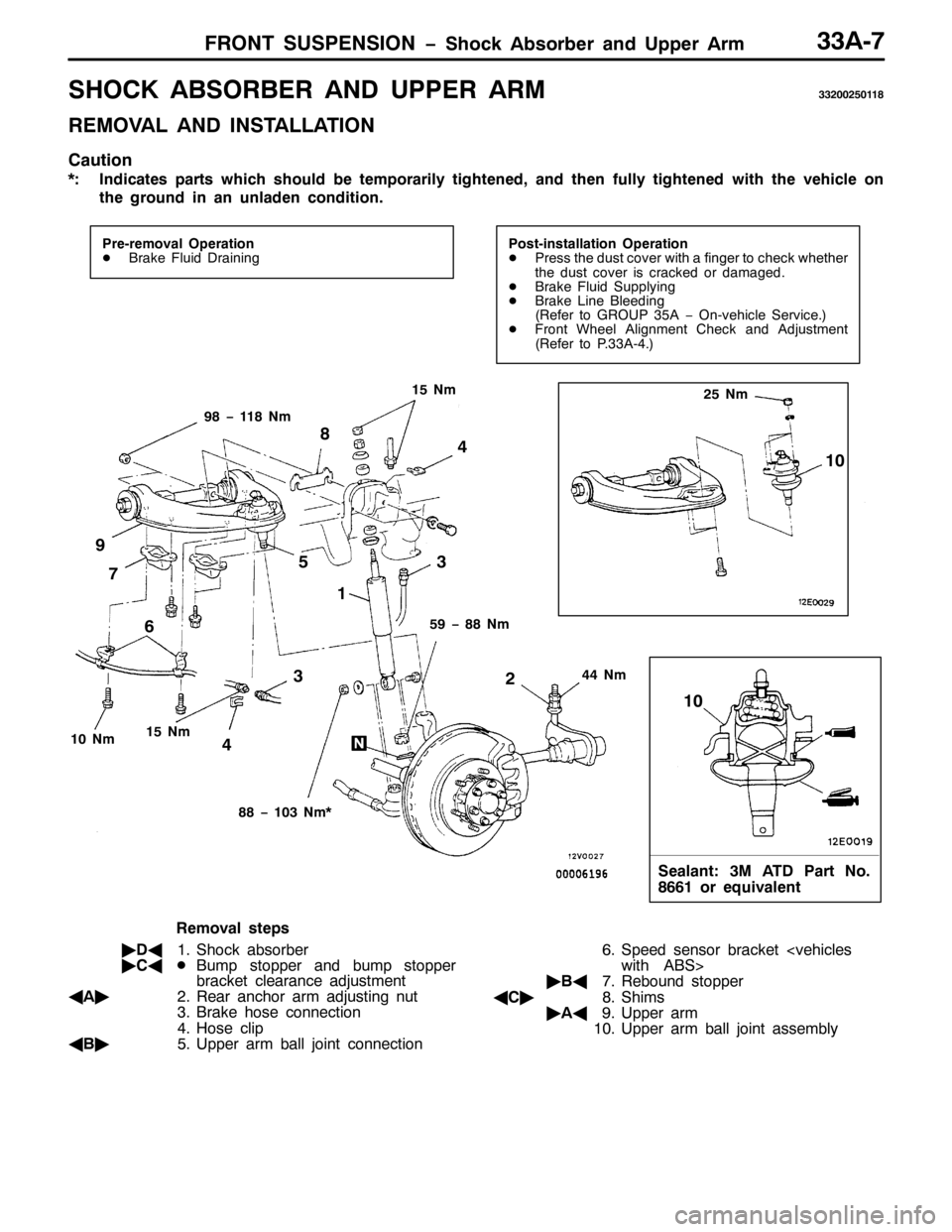 MITSUBISHI PAJERO SPORT 1998  Workshop Manual )5217 6863(16,21 ï6KRFN $EVRUEHU DQG 8SSHU $UP66$0:
6+2&. $%625%(5 $1 833(5 $506653358344;
5(029$/ $1 ,167$//$7,21
&DXWLRQ
-=,QGLFDWHV SDUWV ZKLFK VKRXOG EH WHPSRUDULO\ WLJKWHQHG/DQG WKHQ IXOO\ WLJ