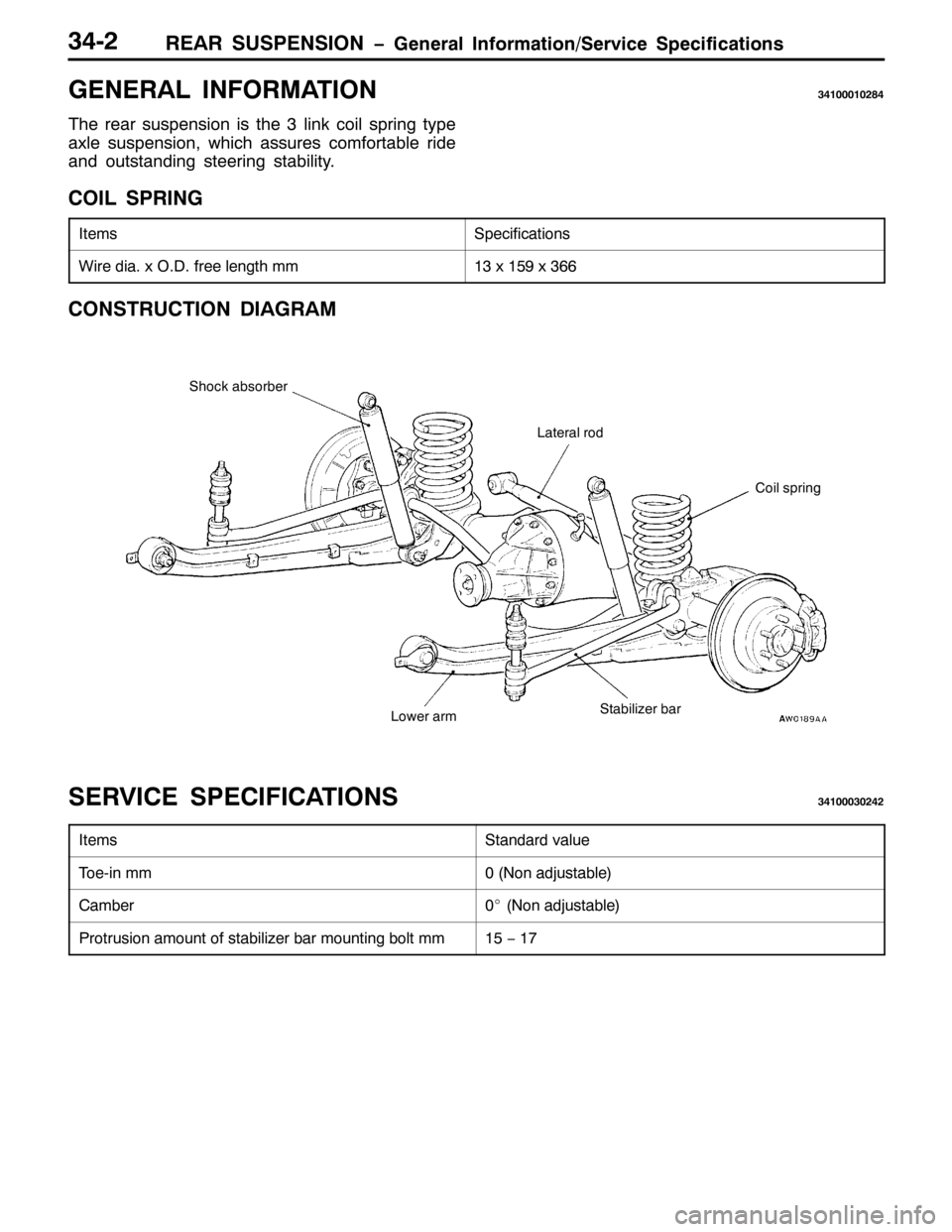 MITSUBISHI PAJERO SPORT 1998  Workshop Manual 5($5 6863(16,21 ï*HQHUDO ,QIRUPDWLRQ26HUYLFH 6SHFLILFDWLRQV6705
*(1(5$/ ,1)250$7,21674333435;7
7KH UHDU VXVSHQVLRQ LV WKH6OLQN FRLO VSULQJ W\SH
D[OH VXVSHQVLRQ/ZKLFK DVVXUHV FRPIRUWDEOH ULGH
DQG RXWV