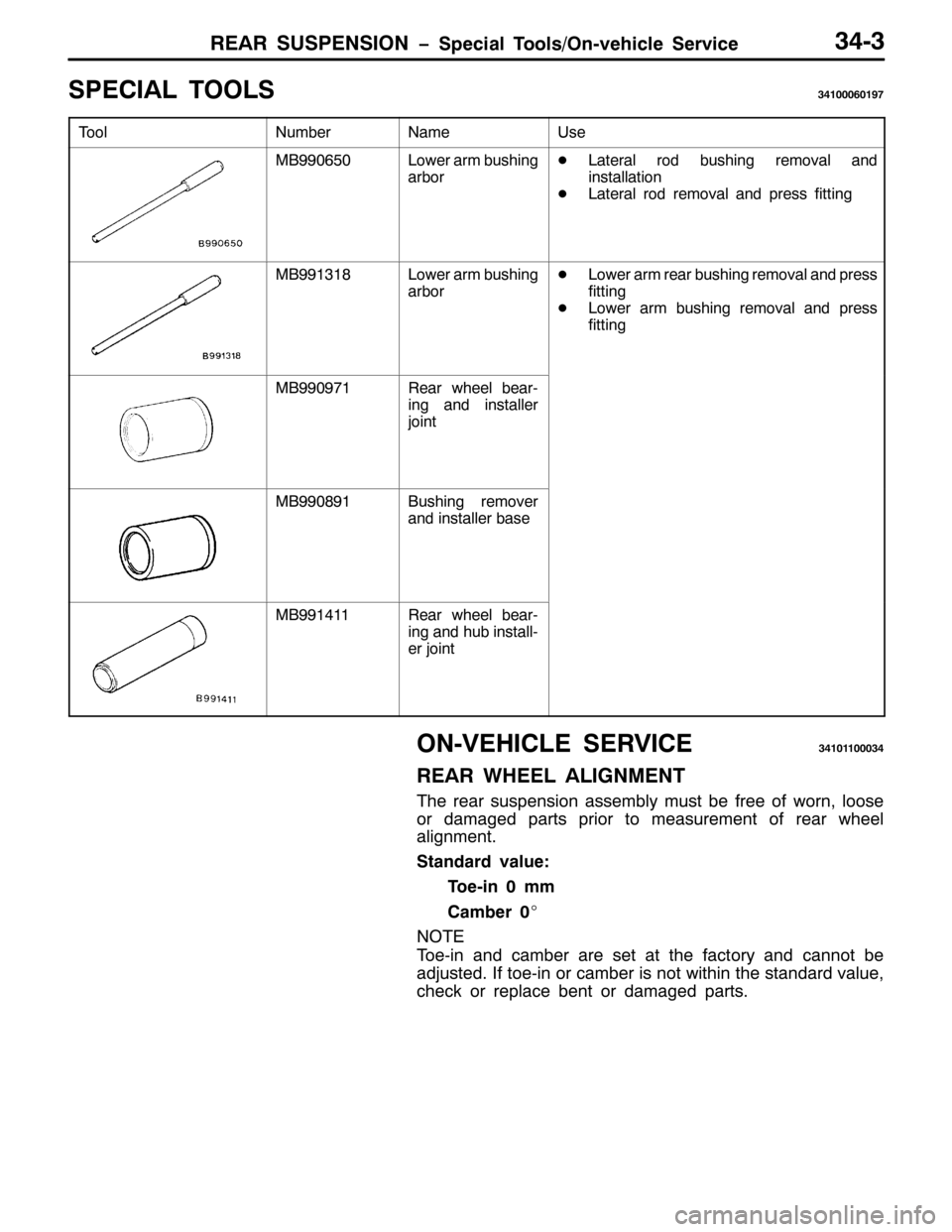 MITSUBISHI PAJERO SPORT 1998  Workshop Manual 5($5 6863(16,21 ï6SHFLDO 7RROV22Q0YHKLFOH 6HUYLFH6706
63(&,$/ 722/6674333934<:
7RRO1XPEHU1DPH8VH
0%<<3983/RZHU DUP EXVKLQJ
DUERU-/DWHUDO URG EXVKLQJ UHPRYDO DQG
LQVWDOODWLRQ
-/DWHUDO URG UHPRYDO DQG 
