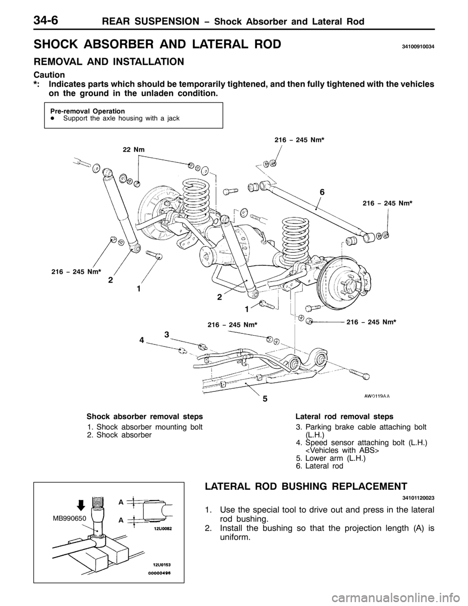 MITSUBISHI PAJERO SPORT 1998  Workshop Manual 5($5 6863(16,21 ï6KRFN $EVRUEHU DQG /DWHUDO 5RG6709
6+2&. $%625%(5 $1 /$7(5$/ 5267433<43367
5(029$/ $1 ,167$//$7,21
&DXWLRQ
-=,QGLFDWHV SDUWV ZKLFK VKRXOG EH WHPSRUDULO\ WLJKWHQHG/DQG WKHQ IXOO\ W