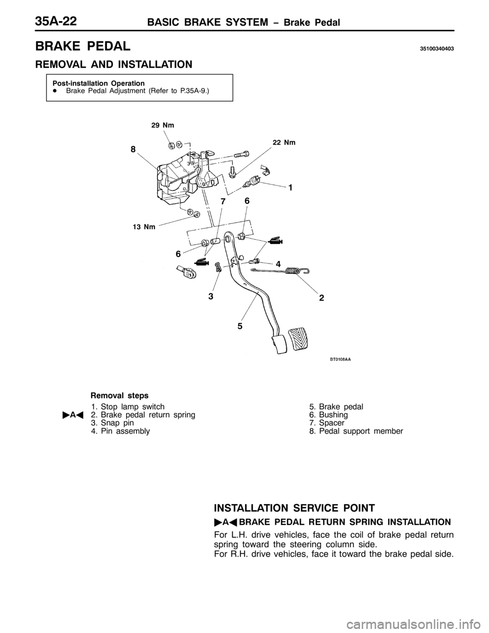 MITSUBISHI PAJERO SPORT 1998  Workshop Manual %$6,& %5$.( 6<67(0 ï%UDNH 3HGDO68$055
%5$.( 3($/68433673736
5(029$/ $1 ,167$//$7,21
3RVW0LQVWDOODWLRQ 2SHUDWLRQ
-%UDNH 3HGDO $GMXVWPHQW+5HIHU WR 3168$0<1,
4
5<1P
551P
9 ;
67 :
85 9
461P
5HPRYDO VWH