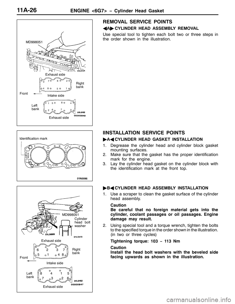 MITSUBISHI PAJERO SPORT 1998 Workshop Manual (1*,1(?9*:!ï&\OLQGHU +HDG *DVNHW44$059
5(029$/ 6(59,&( 32,176
*
$ò
&</,1(5 +($ $66(0%/< 5(029$/
8VH VSHFLDO WRRO WR WLJKWHQ HDFK EROW WZR RU WKUHH VWHSV LQ
WKH RUGHU VKRZQ LQ WKH LOOXVWUDWLRQ1
,,1 MITSUBISHI PAJERO SPORT 1998 Workshop Manual (1*,1(?9*:!ï&\OLQGHU +HDG *DVNHW44$059
5(029$/ 6(59,&( 32,176
*
$ò
&</,1(5 +($ $66(0%/< 5(029$/
8VH VSHFLDO WRRO WR WLJKWHQ HDFK EROW WZR RU WKUHH VWHSV LQ
WKH RUGHU VKRZQ LQ WKH LOOXVWUDWLRQ1
,,1