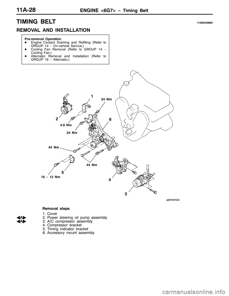 MITSUBISHI PAJERO SPORT 1998  Workshop Manual (1*,1(?9*:!ï7LPLQJ %HOW44$05;
7,0,1* %(/744533763;33
5(029$/ $1 ,167$//$7,21
3UH0UHPRYDO 2SHUDWLRQ
-(QJLQH &RRODQW UDLQLQJ DQG 5HILOOLQJ+5HIHU WR
*528347ï2Q0YHKLFOH 6HUYLFH1,
-&RROLQJ )DQ 5HPRYDO+