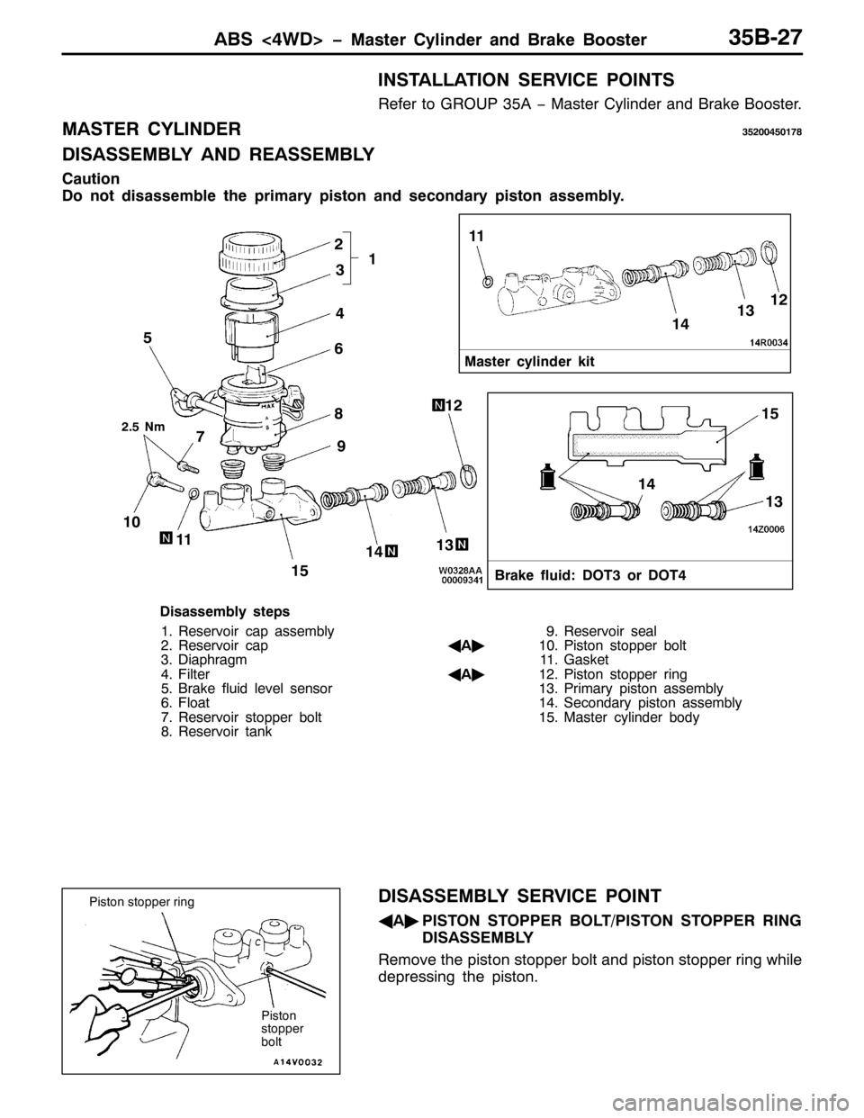 MITSUBISHI PAJERO SPORT 1998  Workshop Manual $%6?7:! ï0DVWHU &\OLQGHU DQG %UDNH %RRVWHU68%05:
,167$//$7,21 6(59,&( 32,176
5HIHU WR *528368$ ï 0DVWHU &\OLQGHU DQG %UDNH %RRVWHU1
0$67(5 &</,1(5685337834:;
,6$66(0%/< $1 5($66(0%/<
&DXWLRQ
R 