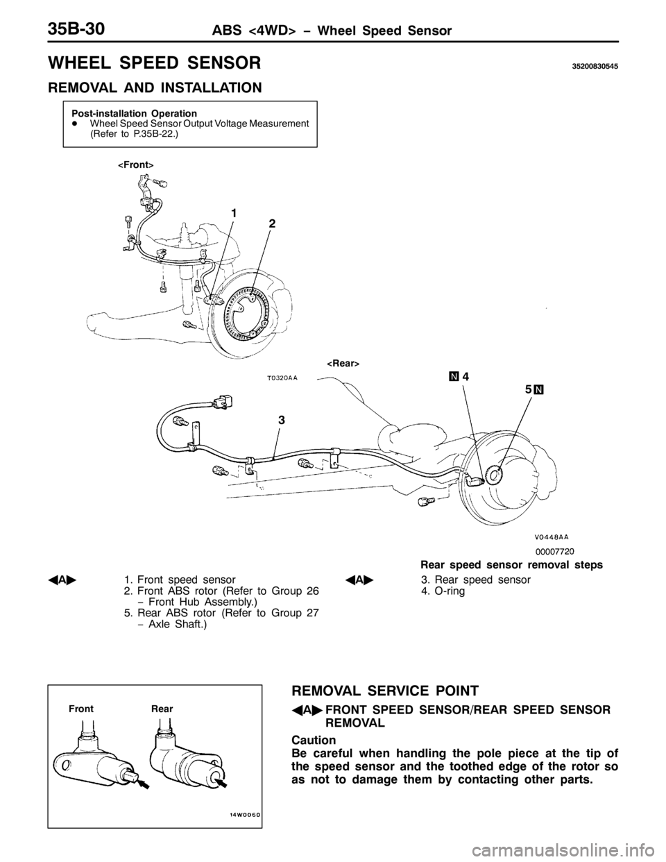 MITSUBISHI PAJERO SPORT 1998  Workshop Manual $%6?7:! ï:KHHO 6SHHG 6HQVRU68%063
:+((/ 63(( 6(162568533;63878
5(029$/ $1 ,167$//$7,21
3RVW0LQVWDOODWLRQ 2SHUDWLRQ
-:KHHO 6SHHG 6HQVRU 2XWSXW 9ROWDJH 0HDVXUHPHQW
+5HIHU WR 3168%0551,
?)URQW!
?5HDU