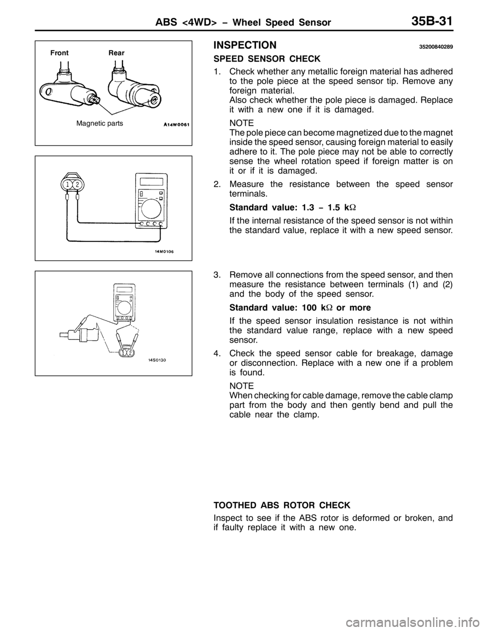 MITSUBISHI PAJERO SPORT 1998  Workshop Manual $%6?7:! ï:KHHO 6SHHG 6HQVRU68%064
,163(&7,2168533;735;<
63(( 6(1625 &+(&.
41&KHFN ZKHWKHU DQ\ PHWDOOLF IRUHLJQ PDWHULDO KDVDGKHUHG
WR WKH SROH SLHFH DW WKH VSHHG VHQVRU WLS15HPRYH DQ\
IRUHLJQ PDWHU