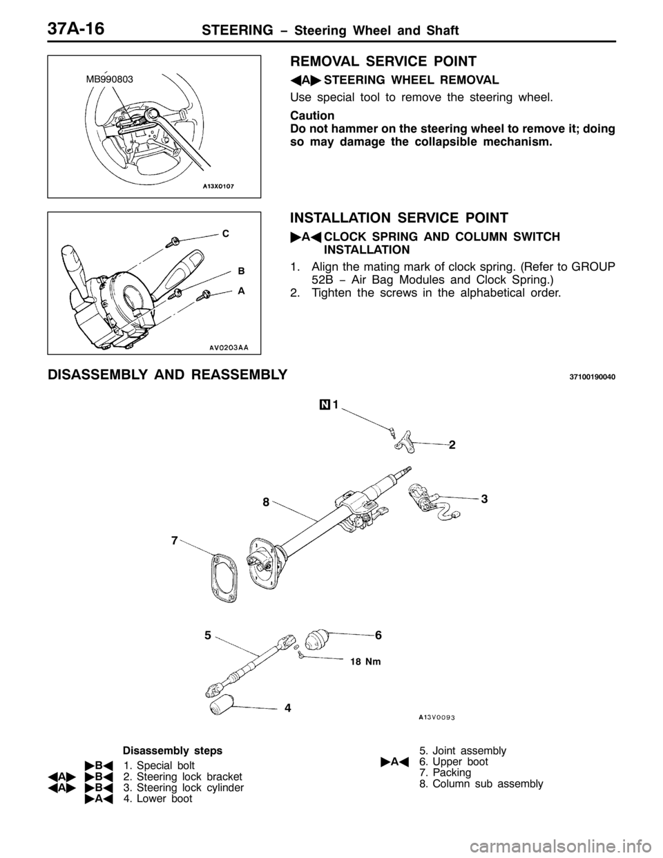 MITSUBISHI PAJERO SPORT 1998  Workshop Manual 67((5,1* ï6WHHULQJ :KHHO DQG 6KDIW6:$049
5(029$/ 6(59,&( 32,17
*
$ò
67((5,1* :+((/ 5(029$/
8VH VSHFLDO WRRO WR UHPRYH WKH VWHHULQJ ZKHHO1
&DXWLRQ
R QRW KDPPHU RQ WKH VWHHULQJ ZKHHO WR UHPRYH LW>GRL