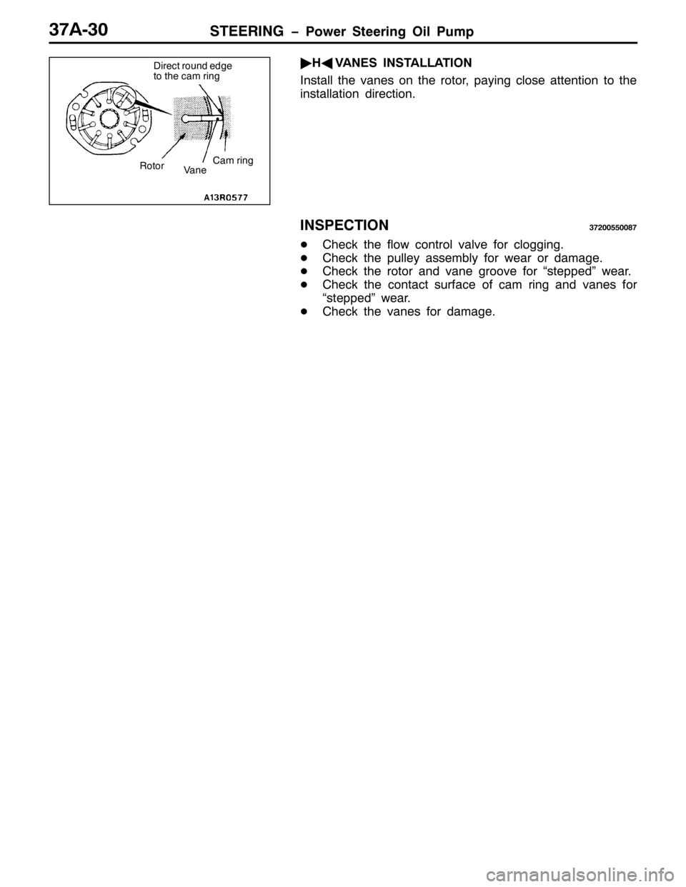 MITSUBISHI PAJERO SPORT 1998  Workshop Manual 67((5,1* ï3RZHU 6WHHULQJ 2LO 3XPS6:$063
ò
+*
9$1(6 ,167$//$7,21
,QVWDOO WKH YDQHV RQ WKH URWRU/SD\LQJ FORVH DWWHQWLRQ WR WKH
LQVWDOODWLRQ GLUHFWLRQ1
,163(&7,216:5338833;:
-&KHFN WKH IORZ FRQWURO YDO
