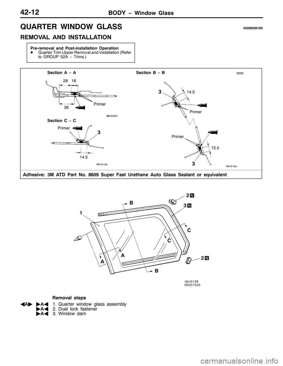 MITSUBISHI PAJERO SPORT 1998  Workshop Manual %2< ï:LQGRZ *ODVV75045
48$57(5 :,12: */$6675533583498
5(029$/ $1 ,167$//$7,21
3UH0UHPRYDO DQG 3RVW0LQVWDOODWLRQ 2SHUDWLRQ
-4XDUWHU 7ULP 8SSHU 5HPRYDO DQG ,QVWDOODWLRQ+5HIHU
WR *528385$ï7ULPV1,
6H