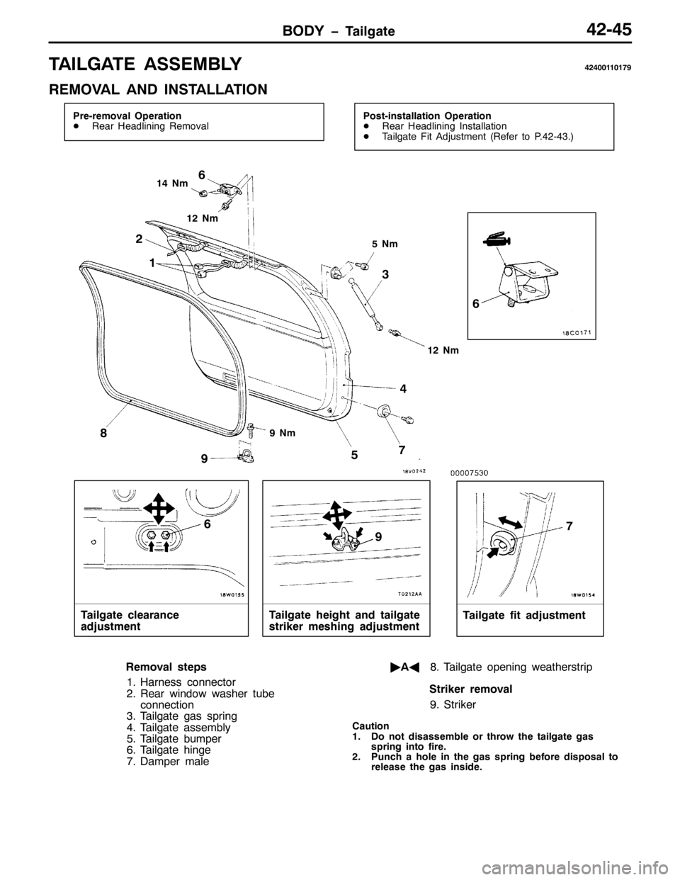 MITSUBISHI PAJERO SPORT 1998  Workshop Manual %2< ï7DLOJDWH75078
7$,/*$7( $66(0%/<757334434:<
5(029$/ $1 ,167$//$7,21
3UH0UHPRYDO 2SHUDWLRQ
-5HDU +HDGOLQLQJ 5HPRYDO3RVW0LQVWDOODWLRQ 2SHUDWLRQ
-5HDU +HDGOLQLQJ ,QVWDOODWLRQ
-7DLOJDWH )LW $GMXVWP