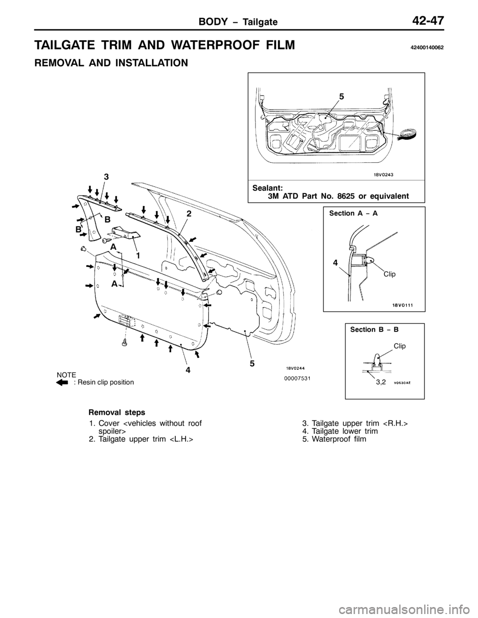 MITSUBISHI PAJERO SPORT 1998  Workshop Manual %2< ï7DLOJDWH7507:
7$,/*$7( 75,0 $1 :$7(53522) ),/075733473395
5(029$/ $1 ,167$//$7,21
6HDODQW=
60 $7 3DUW 1R1 ;958RU HTXLYDOHQW
6HFWLRQ $ ï $
&OLS
127(
=5HVLQ FOLS SRVLWLRQ
45 6
787 $
$8
6HFWLR