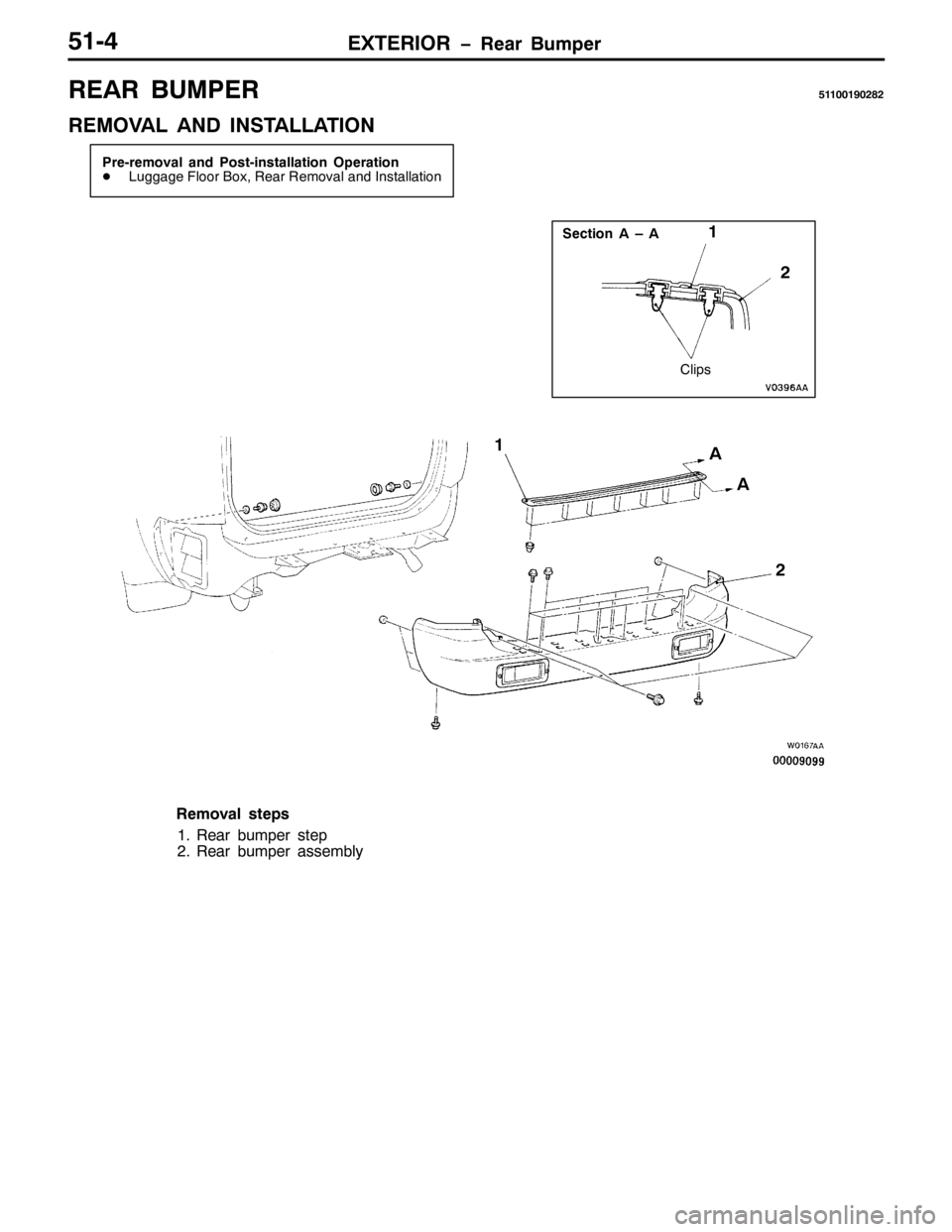 MITSUBISHI PAJERO SPORT 1998  Workshop Manual (;7(5,25 ï5HDU %XPSHU8407
5($5 %803(5844334<35;5
5(029$/ $1 ,167$//$7,21
3UH0UHPRYDO DQG 3RVW0LQVWDOODWLRQ 2SHUDWLRQ
-/XJJDJH )ORRU %R[/5HDU 5HPRYDO DQG ,QVWDOODWLRQ
6HFWLRQ $ ² $
&OLSV
4
$
$
5 4
5