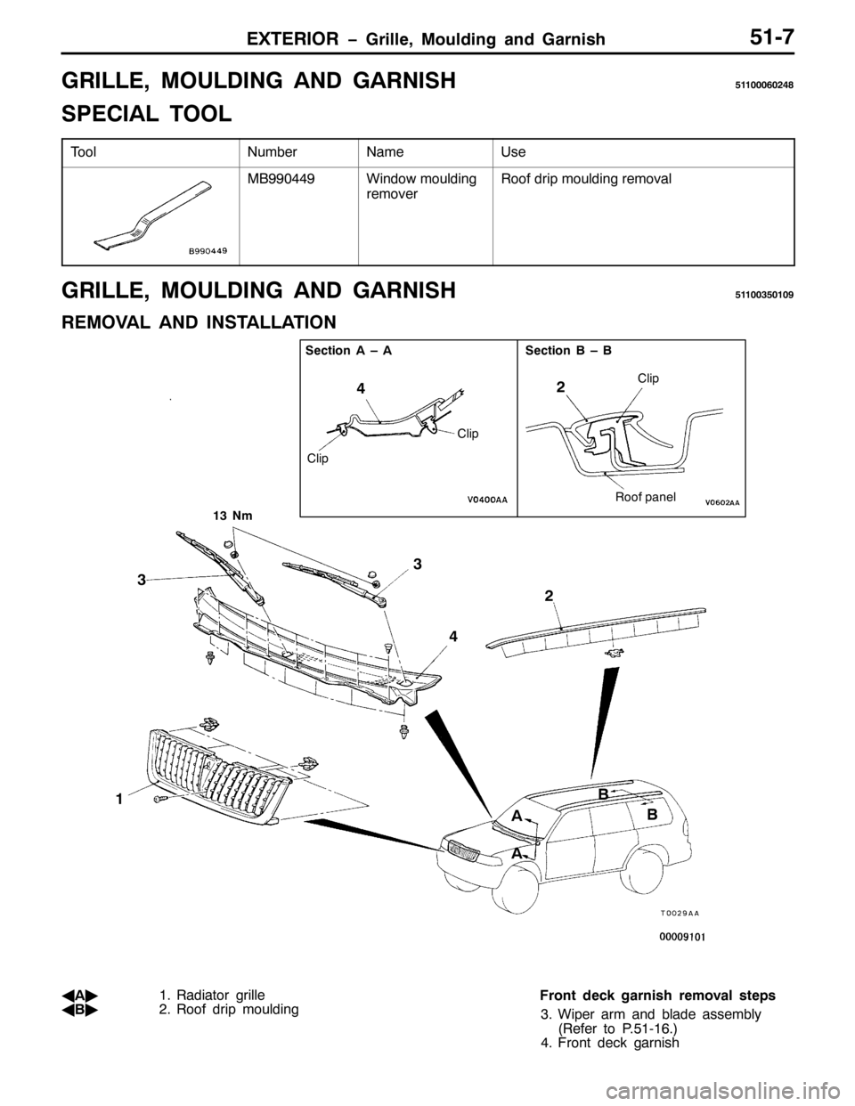 MITSUBISHI PAJERO SPORT 1998  Workshop Manual (;7(5,25 ï*ULOOH/0RXOGLQJ DQG *DUQLVK840:
*5,//(/028/,1* $1 *$51,6+8443339357;
63(&,$/ 722/
7RRO1XPEHU1DPH8VH
0%<<377<:LQGRZ PRXOGLQJ
UHPRYHU5RRI GULS PRXOGLQJ UHPRYDO
*5,//(/028/,1* $1 *$51,6+84