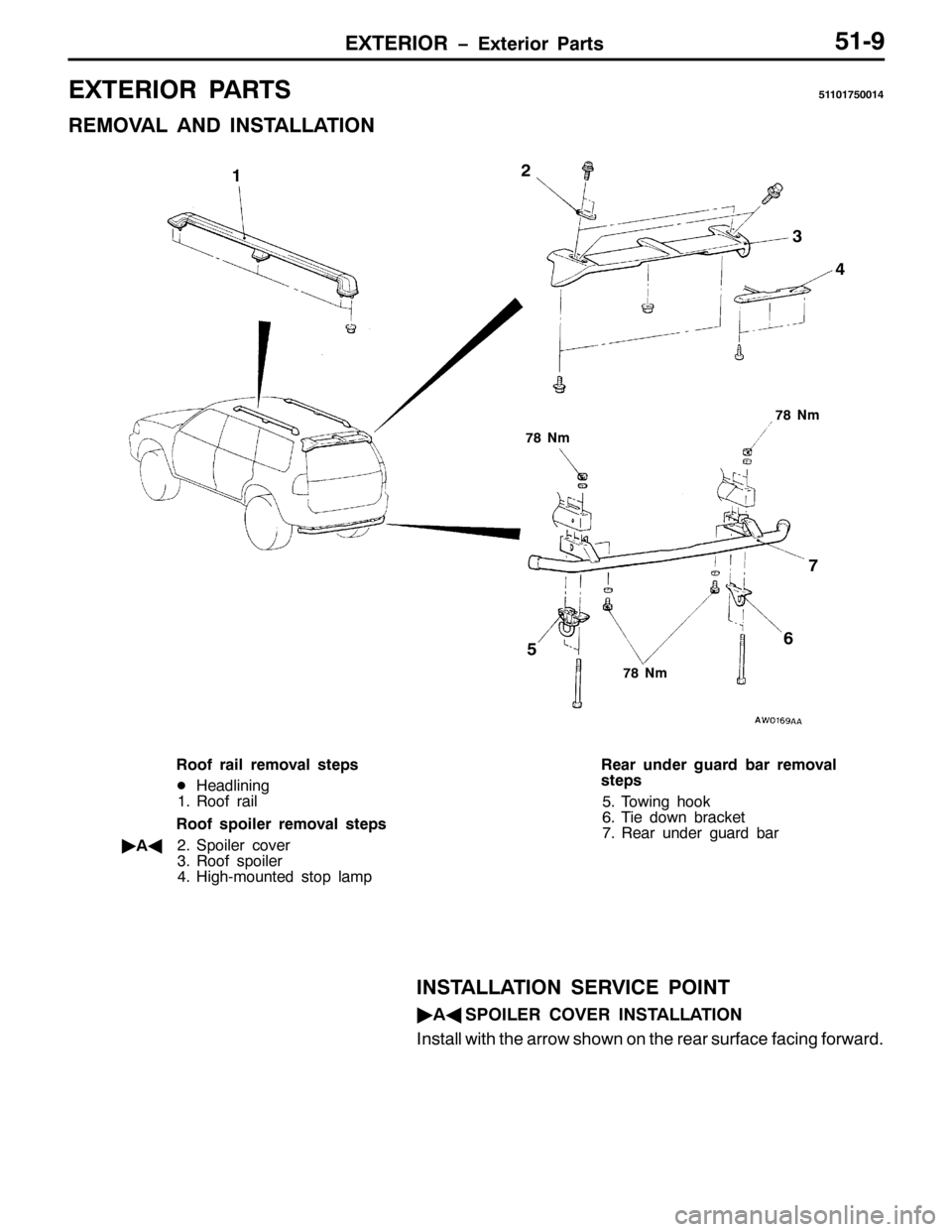 MITSUBISHI PAJERO SPORT 1998  Workshop Manual (;7(5,25 ï([WHULRU 3DUWV840<
(;7(5,25 3$57684434:83347
5(029$/ $1 ,167$//$7,21
9:
:;1P
45
6
7
8
:;1P
:;1P
5RRI UDLO UHPRYDO VWHSV
-+HDGOLQLQJ
415RRI UDLO
5RRI VSRLOHU UHPRYDO VWHSV
ò
$*516SRLOHU FR