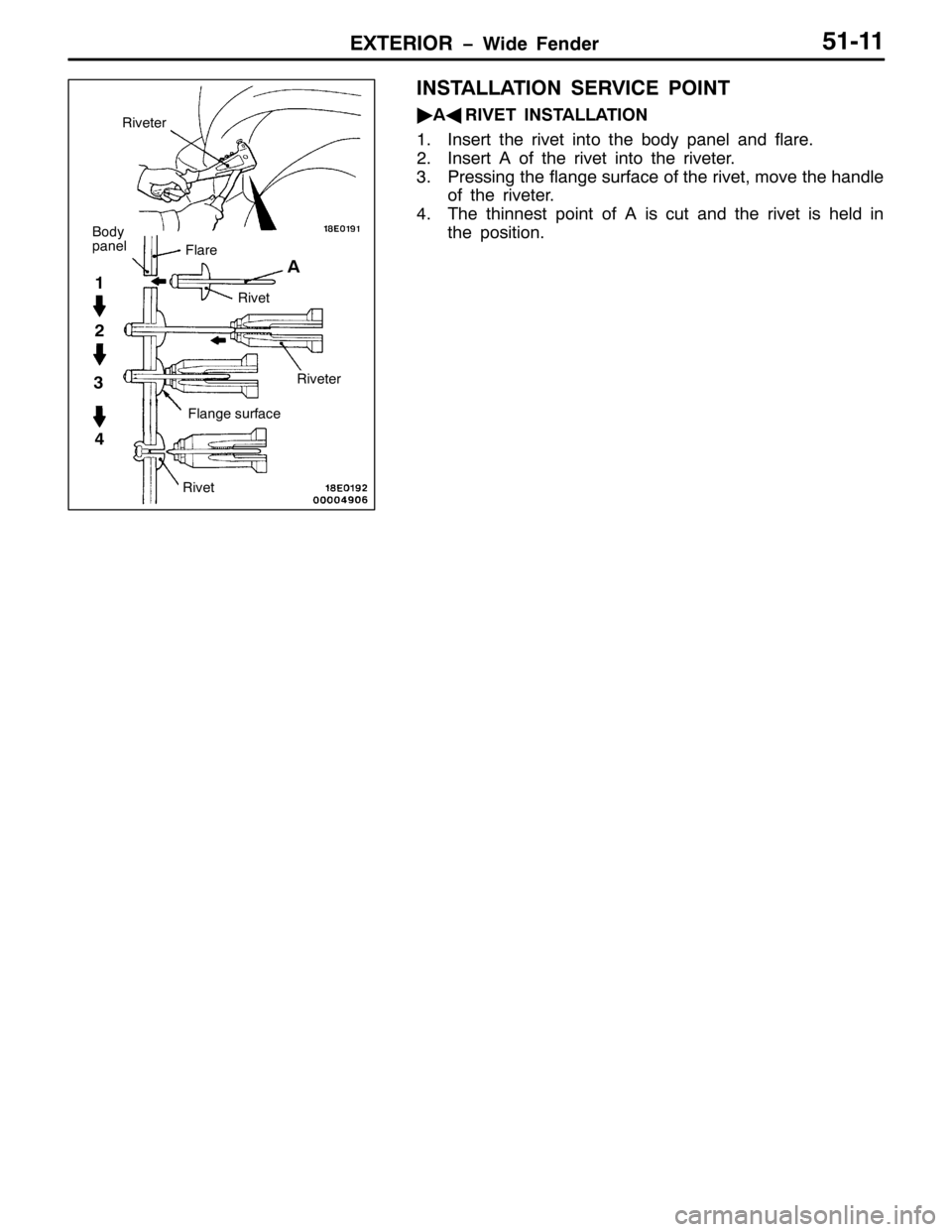 MITSUBISHI PAJERO SPORT 1998  Workshop Manual (;7(5,25 ï:LGH )HQGHU84044
,167$//$7,21 6(59,&( 32,17
ò
$*
5,9(7 ,167$//$7,21
41,QVHUW WKH ULYHW LQWR WKH ERG\ SDQHO DQG IODUH1
51,QVHUW $ RI WKH ULYHW LQWR WKH ULYHWHU1
613UHVVLQJ WKH IODQJH VXUIDF