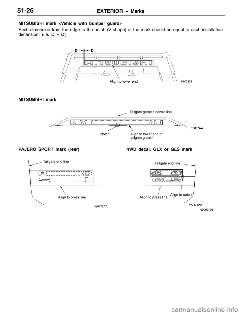 MITSUBISHI PAJERO SPORT 1998  Workshop Manual (;7(5,25 ï0DUNV84059
3$-(52 63257 PDUN+UHDU,7: GHFDO/*/; RU */6 PDUN
$OLJQ WR ORZHU HQG
7DLOJDWH JDUQLVK FHQWUH OLQH
$OLJQ WR ORZHU HQG RI
WDLOJDWH JDUQLVK 1RWFK
$OLJQ WR SUHVV OLQH$OLJQ WR QRWFK
7D