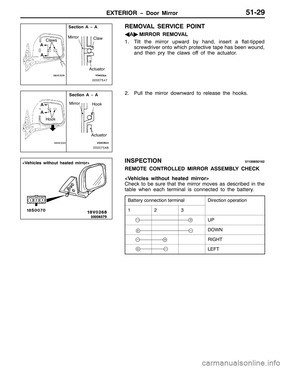MITSUBISHI PAJERO SPORT 1998  Workshop Manual (;7(5,25 ïRRU 0LUURU8405<
5(029$/ 6(59,&( 32,17
*
$ò
0,5525 5(029$/
417LOW WKH PLUURU XSZDUG E\ KDQG/LQVHUW D IODW0WLSSHG
VFUHZGULYHU RQWR ZKLFK SURWHFWLYH WDSH KDV EHHQ ZRXQG/
DQG WKHQ SU\ WKH FOD