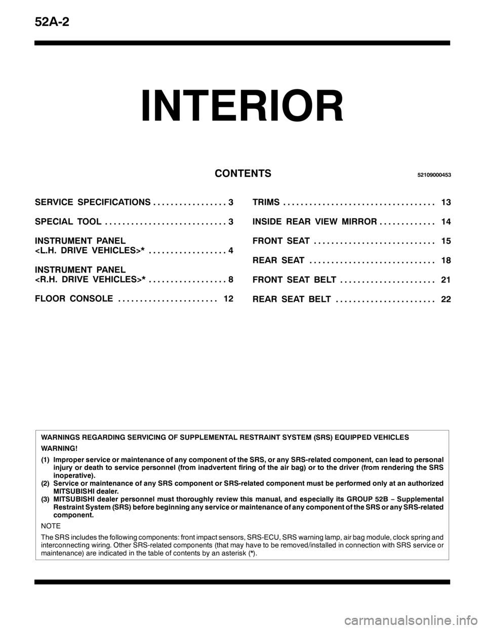 MITSUBISHI PAJERO SPORT 1998  Workshop Manual 85$05
,17(5,25
&217(1768543<333786
6(59,&( 63(&,),&$7,2166 11111111111111111
63(&,$/ 722/6 1111111111111111111111111111
,167580(17 3$1(/
?/1+15,9( 9(+,&/(6!-7111111111111111111
,167580(17 3$1(/
?51+1