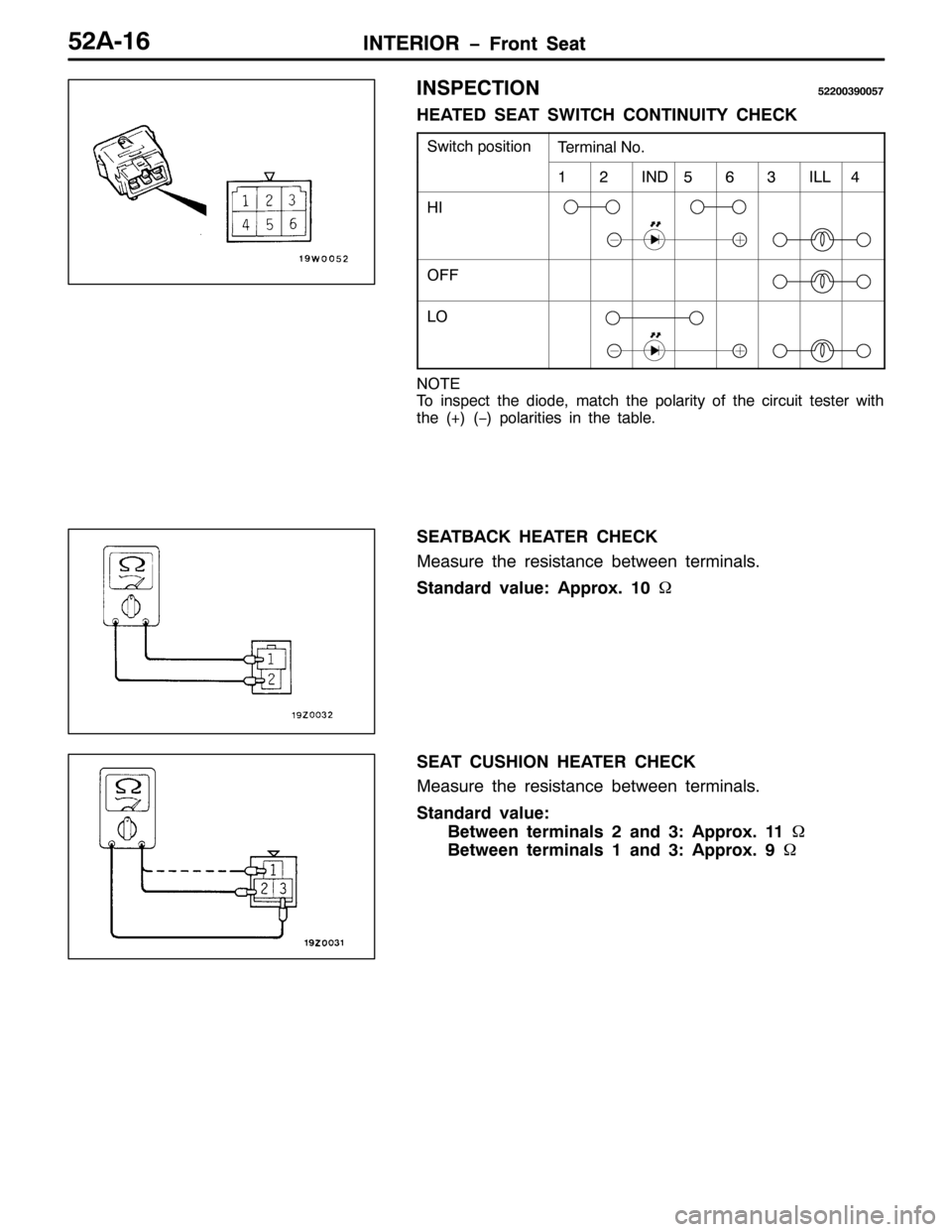 MITSUBISHI PAJERO SPORT 1998  Workshop Manual ,17(5,25 ï)URQW 6HDW,17(5,25 ï)URQW 6HDW85$049
,163(&7,21855336<338:
+($7( 6($7 6:,7&+ &217,18,7< &+(&.
6ZLWFK SRVLWLRQ7HUPLQDO 1R1
45,1896,//7
+,
2))
/2
127(
7R LQVSHFW WKH GLRGH/PDWFK WKH SRODUL