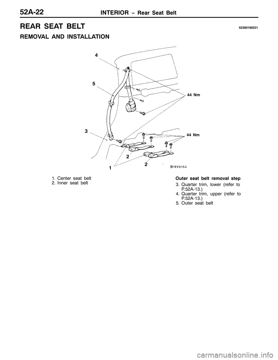 MITSUBISHI PAJERO SPORT 1998  Workshop Manual ,17(5,25 ï5HDU 6HDW %HOW85$055
5($5 6($7 %(/785633493564
5(029$/ $1 ,167$//$7,21
771P
7
8
6
45
5
771P
41&HQWHU VHDW EHOW
51,QQHU VHDW EHOW2XWHU VHDW EHOW UHPRYDO VWHS
614XDUWHU WULP/ORZHU+UHIHU WR
3