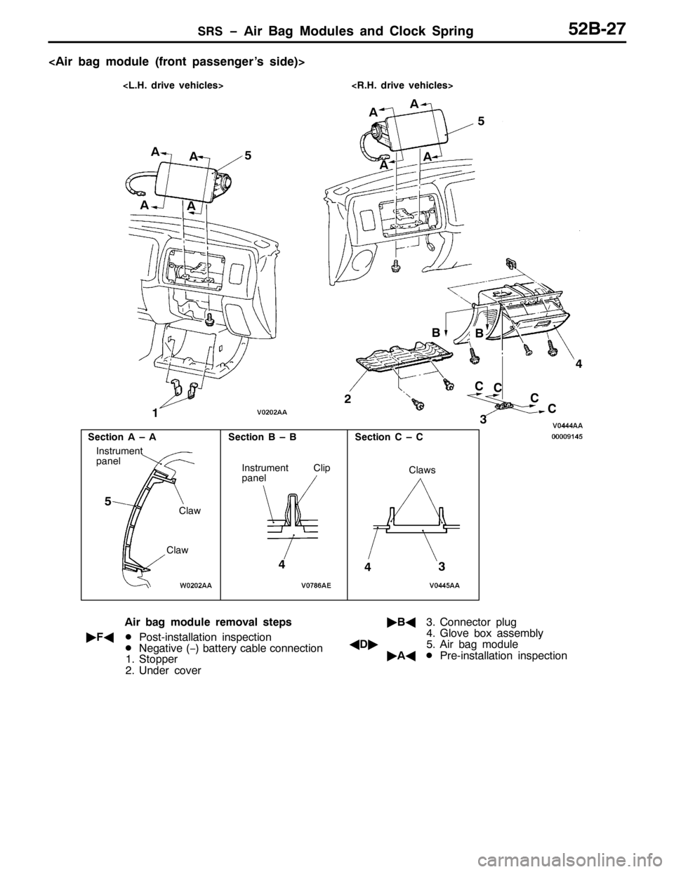 MITSUBISHI PAJERO SPORT 1998  Workshop Manual 656ï$LU %DJ 0RGXOHV DQG &ORFN 6SULQJ85%05:
?$LU EDJ PRGXOH+IURQW SDVVHQJHU·V VLGH,!
6HFWLRQ $ ² $
,QVWUXPHQW
SDQHO
&OLS 6HFWLRQ % ² % 6HFWLRQ & ² &
,QVWUXPHQW
SDQHO
&ODZ
&ODZ&ODZV
45
7 8
68
$$
$$