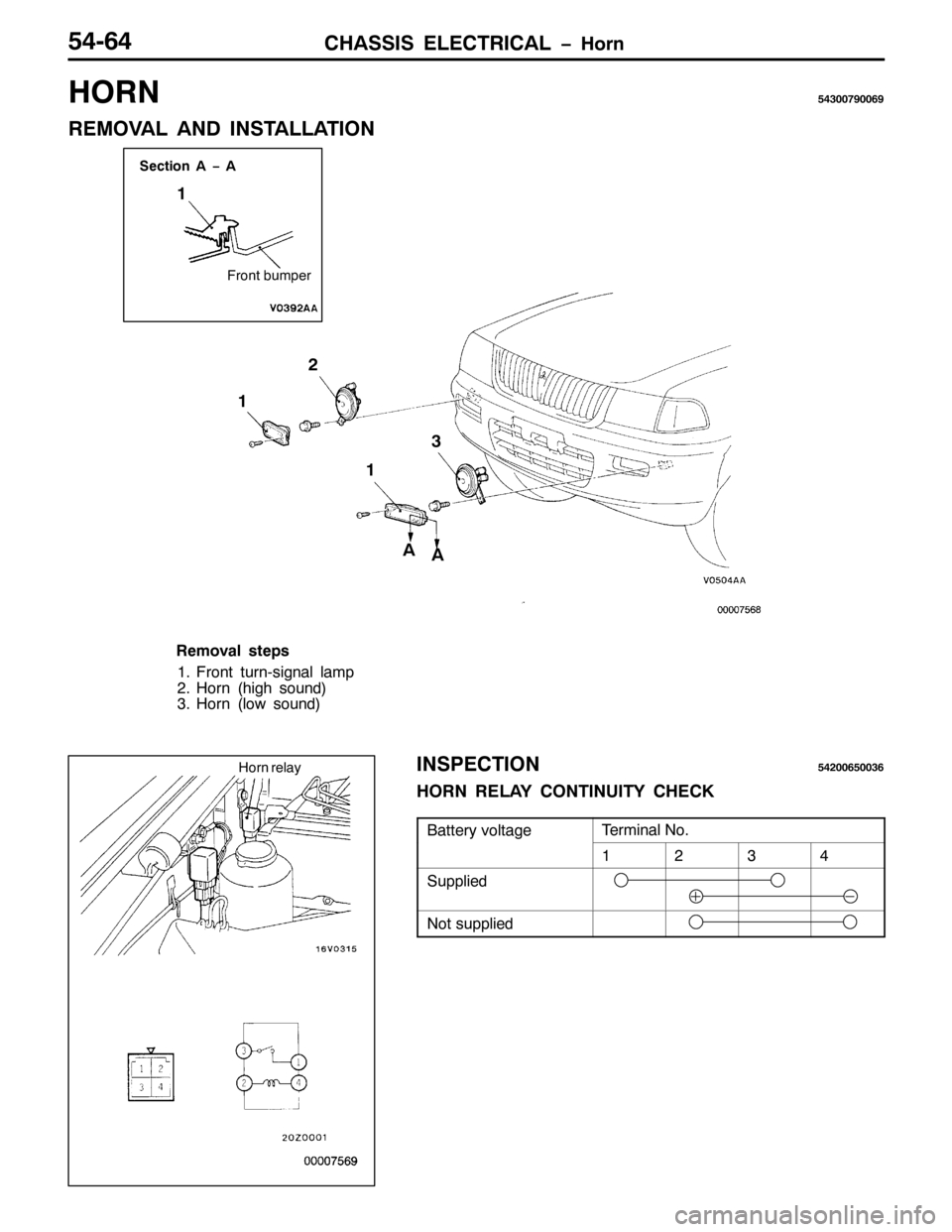 MITSUBISHI PAJERO SPORT 1998  Workshop Manual &+$66,6 (/(&75,&$/ ï+RUQ87097
+25187633:<339<
5(029$/ $1 ,167$//$7,21
45
6
4
6HFWLRQ $ ï $
)URQW EXPSHU
4
$
$
5HPRYDO VWHSV
41)URQW WXUQ0VLJQDO ODPS
51+RUQ+KLJK VRXQG,
61+RUQ+ORZ VRXQG,
,163(&7,218