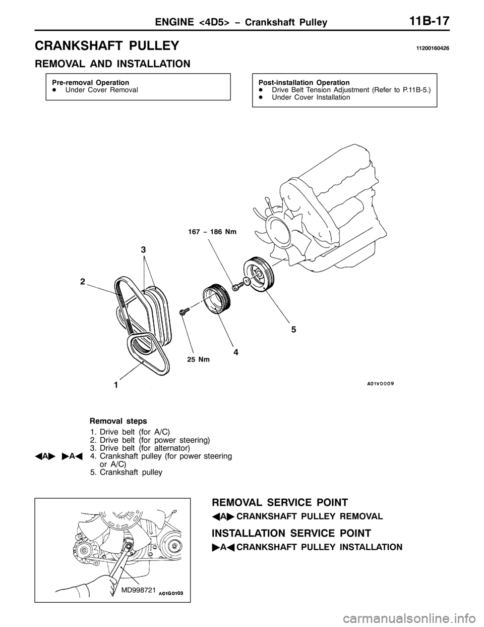 MITSUBISHI PAJERO SPORT 1998  Workshop Manual (1*,1(?78!ï&UDQNVKDIW 3XOOH\44%04:
&5$1.6+$)7 38//(<44533493759
5(029$/ $1 ,167$//$7,21
3UH0UHPRYDO 2SHUDWLRQ
-8QGHU &RYHU 5HPRYDO3RVW0LQVWDOODWLRQ 2SHUDWLRQ
-ULYH %HOW 7HQVLRQ $GMXVWPHQW+5HIHU WR