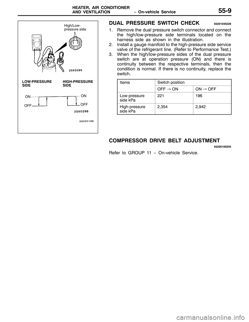 MITSUBISHI PAJERO SPORT 1998  Workshop Manual ï2Q0YHKLFOH 6HUYLFH +($7(5/$,5 &21,7,21(5
$1 9(17,/$7,21880<
8$/ 35(6685( 6:,7&+ &+(&.8853437355;
415HPRYH WKH GXDO SUHVVXUH VZLWFK FRQQHFWRU DQG FRQQHFW
WKH KLJK2ORZ0SUHVVXUH VLGH WHUPLQDOV ORFDW