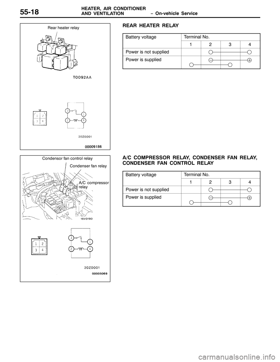 MITSUBISHI PAJERO SPORT 1998  Workshop Manual ï2Q0YHKLFOH 6HUYLFH +($7(5/$,5 &21,7,21(5
$1 9(17,/$7,218804;
5($5 +($7(5 5(/$<
%DWWHU\ YROWDJH7HUPLQDO 1R1
4567
3RZHU LV QRW VXSSOLHG
3RZHU LV VXSSOLHG
$2& &2035(6625 5(/$</&21(16(5 )$1 5(/$</
&2
